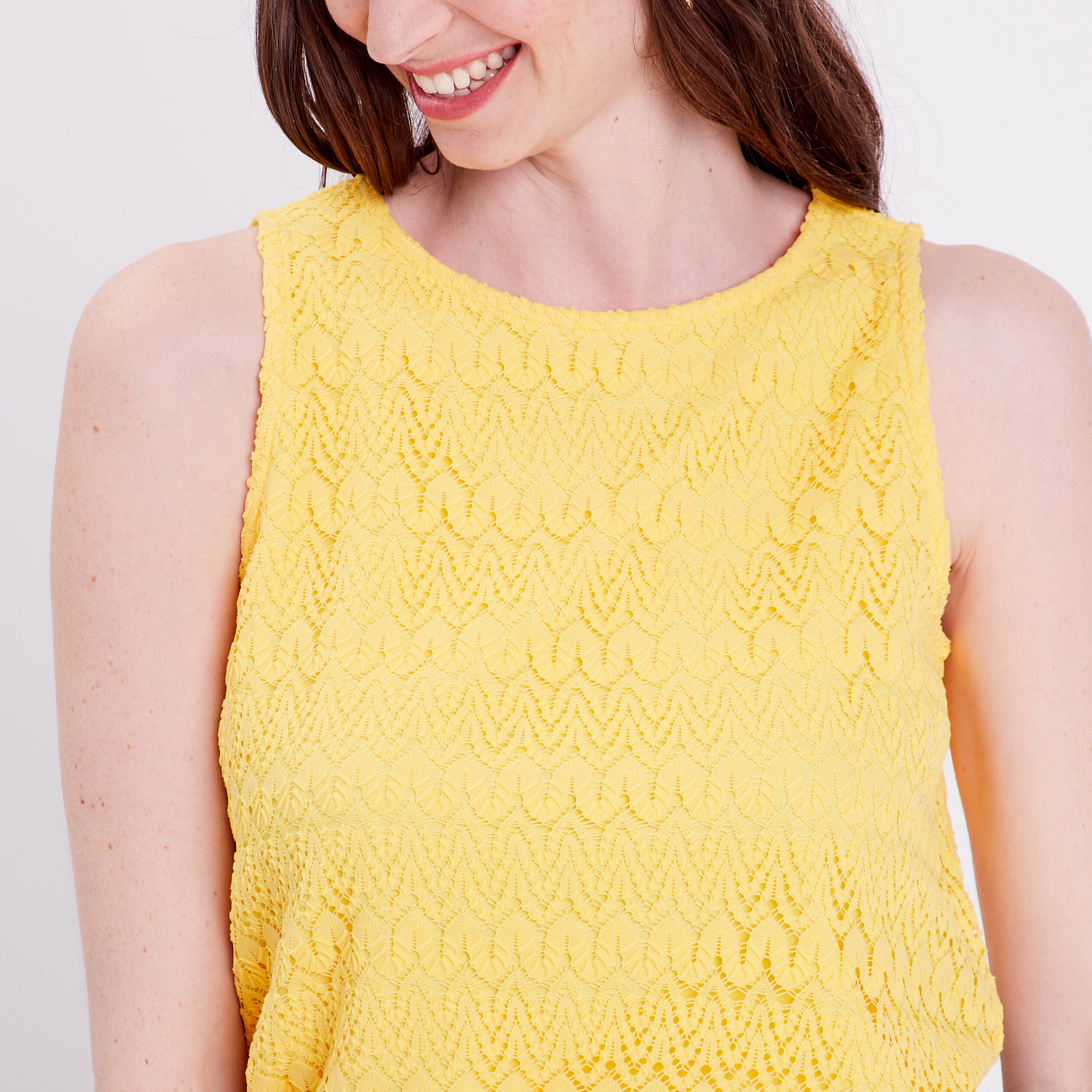 debardeur aspect crochet jaune pastel femme Débardeur aspect crochet jaune pastel femme