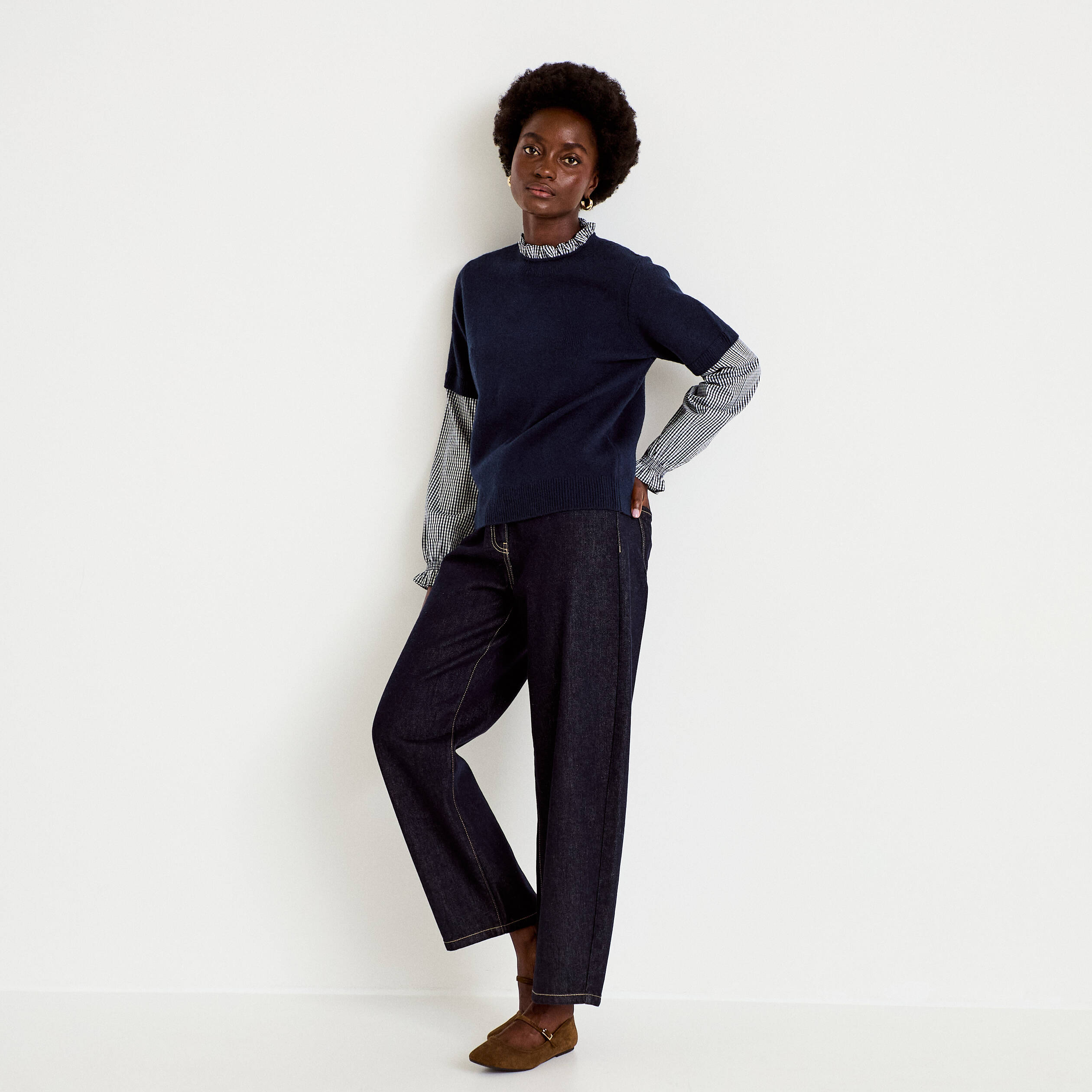 Pull 2-en-1 col rond manches vichy bleu marine femme