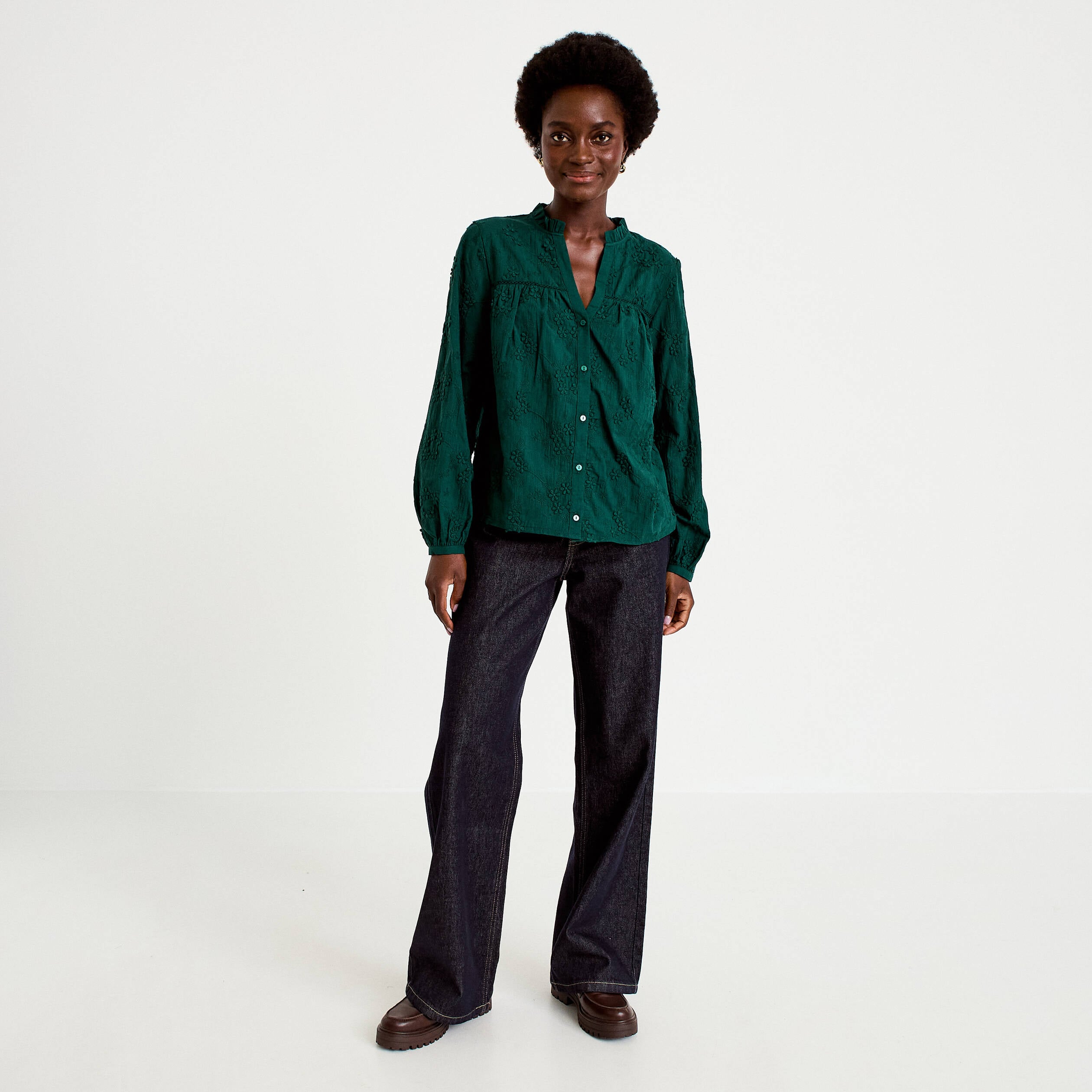 Blouse droite col rond manches longues vert fonc&eacute; femme
