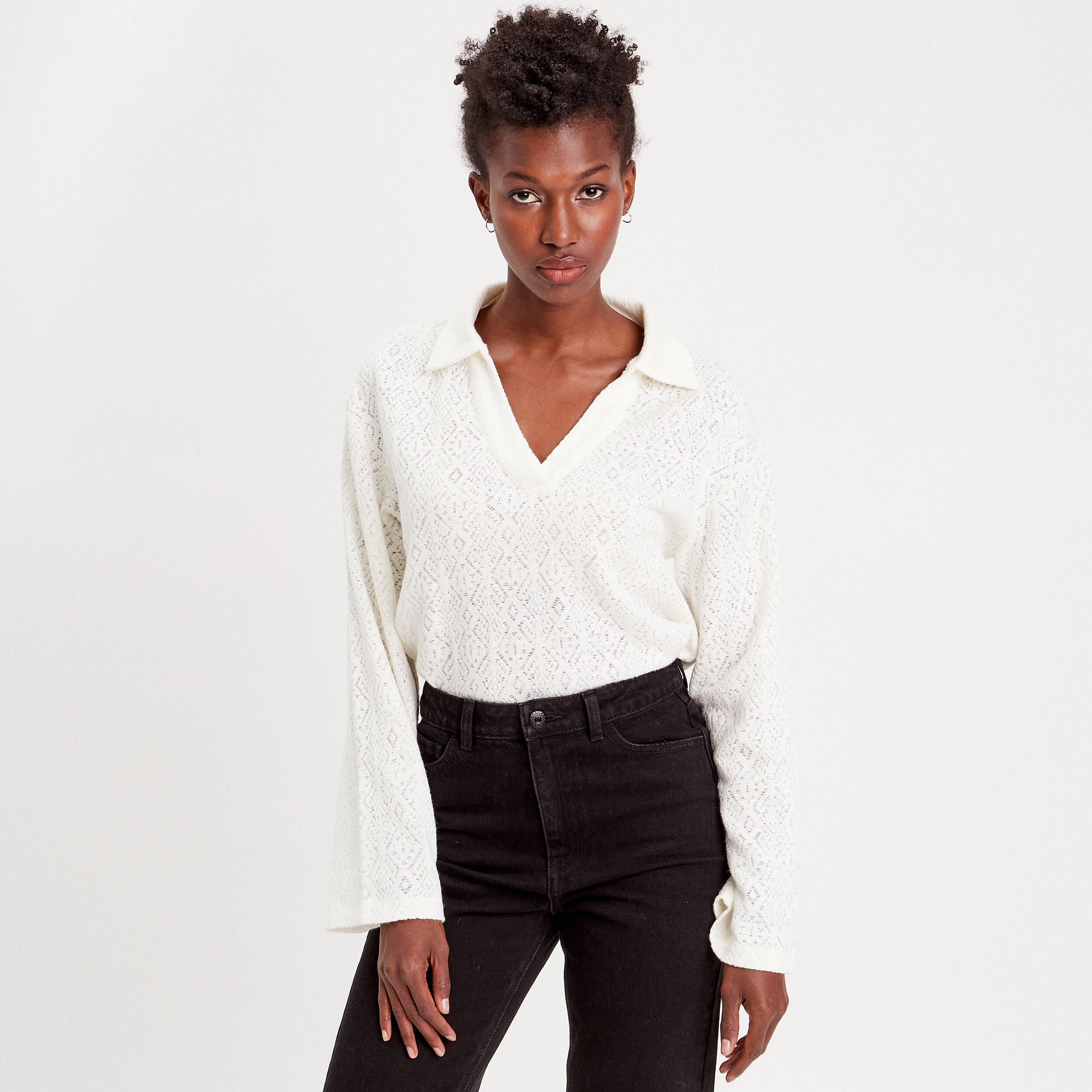 Polo manches longues dentelle ecru femme Vibs