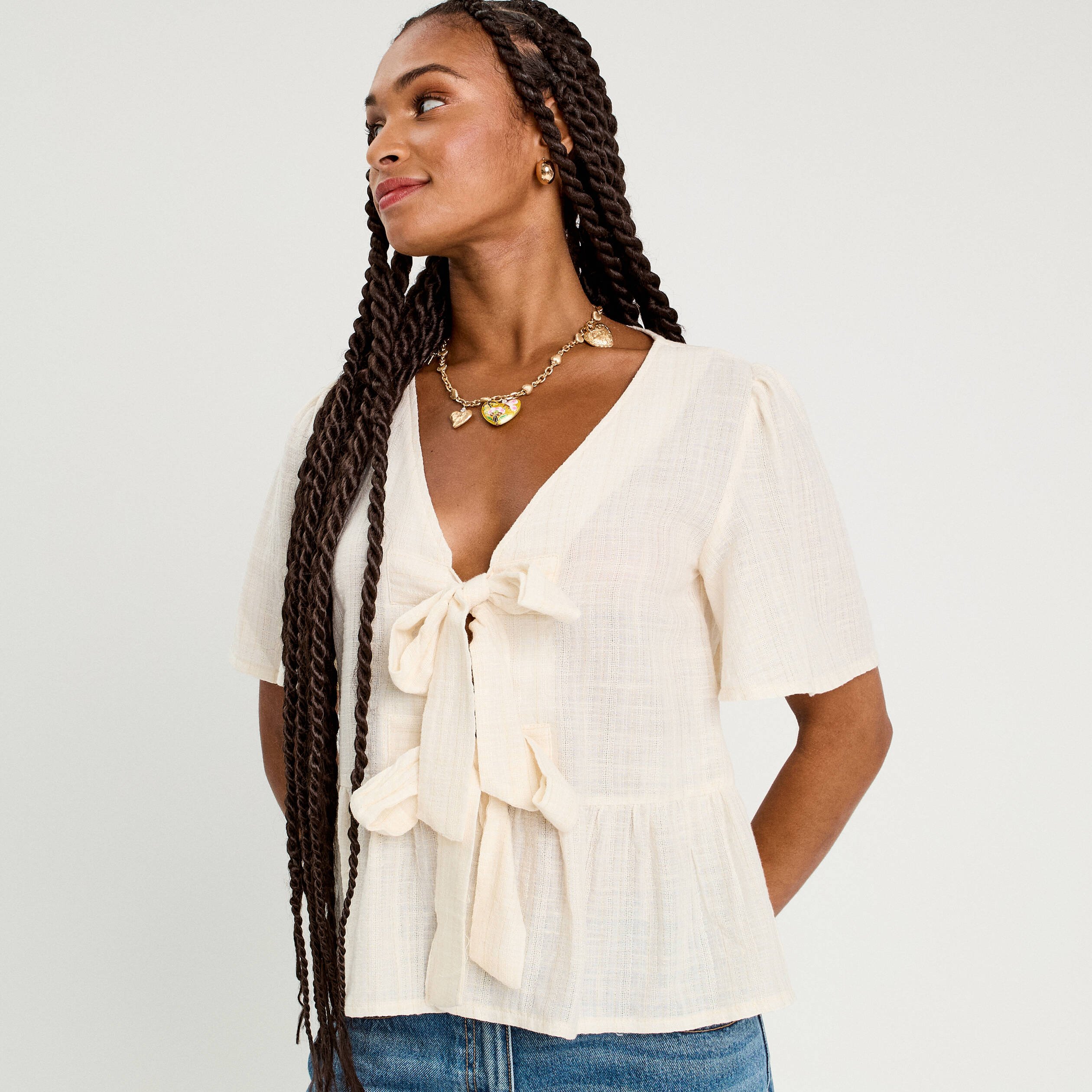 blouse manches courtes noeuds ecru femme Blouse manches courtes noeuds ecru femme