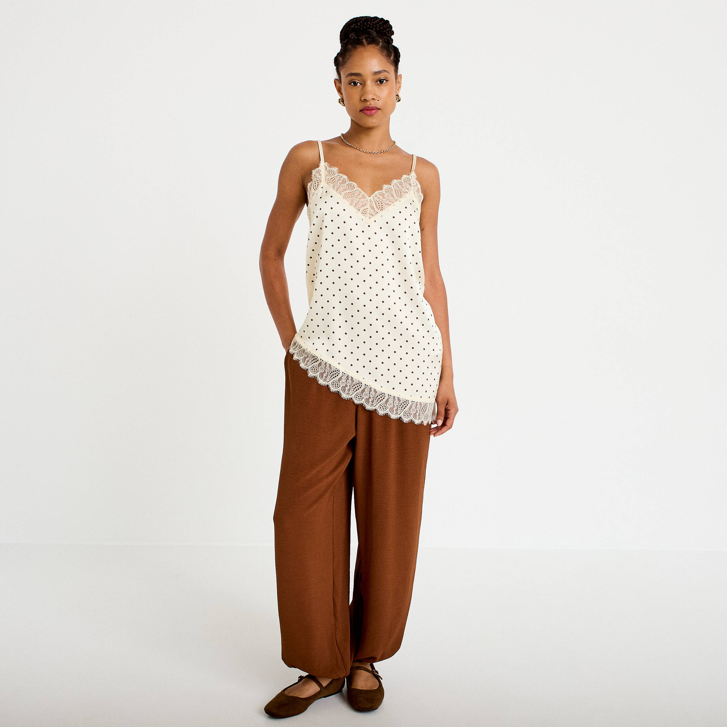 Pantalon bouffant taille standard marron femme