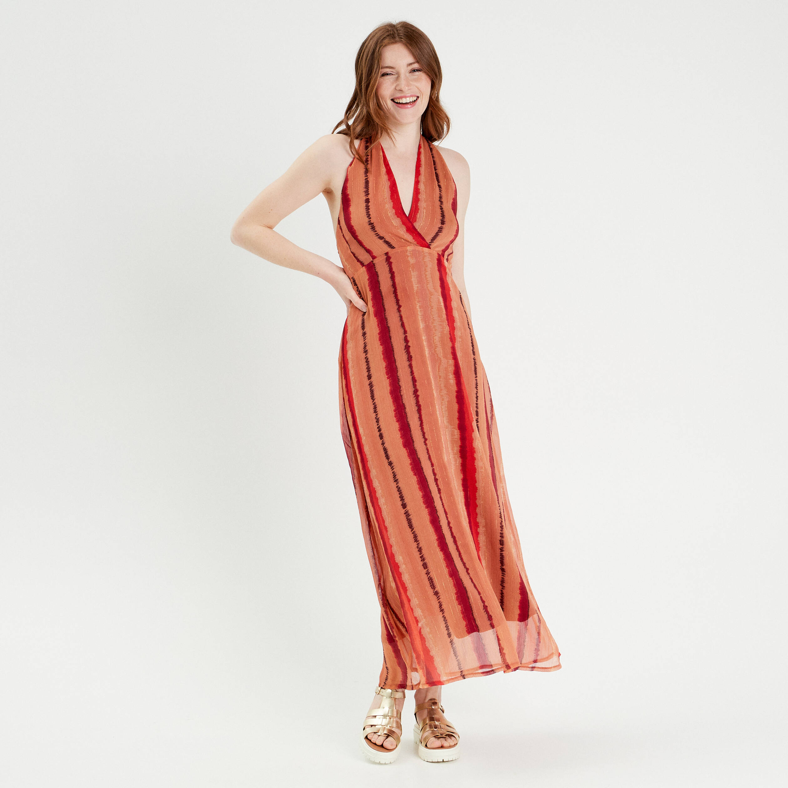 Robe longue évasée col en V rouge femme