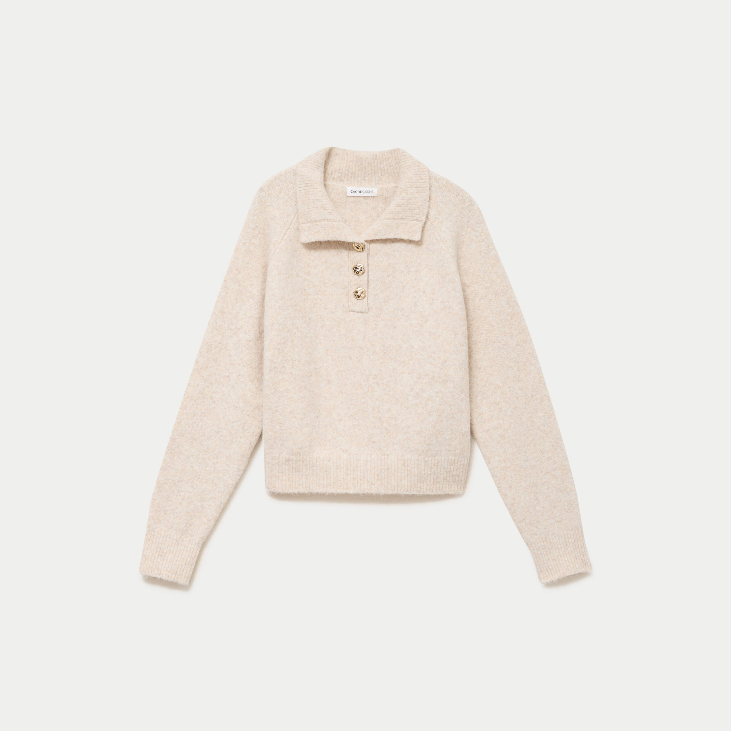 Polo manches longues col chemise beige femme