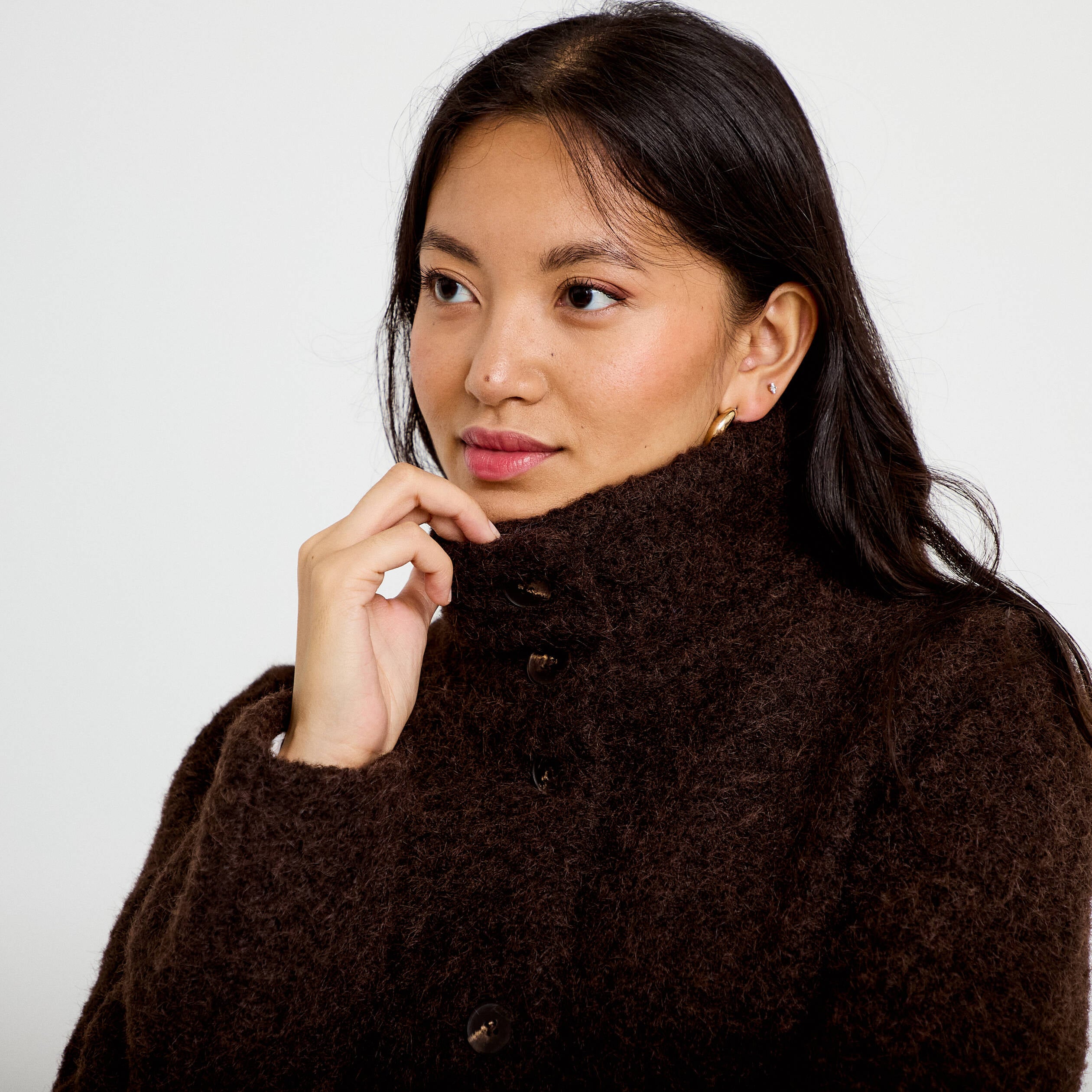 Veste droite bouclette col montant marron fonc&eacute; femme
