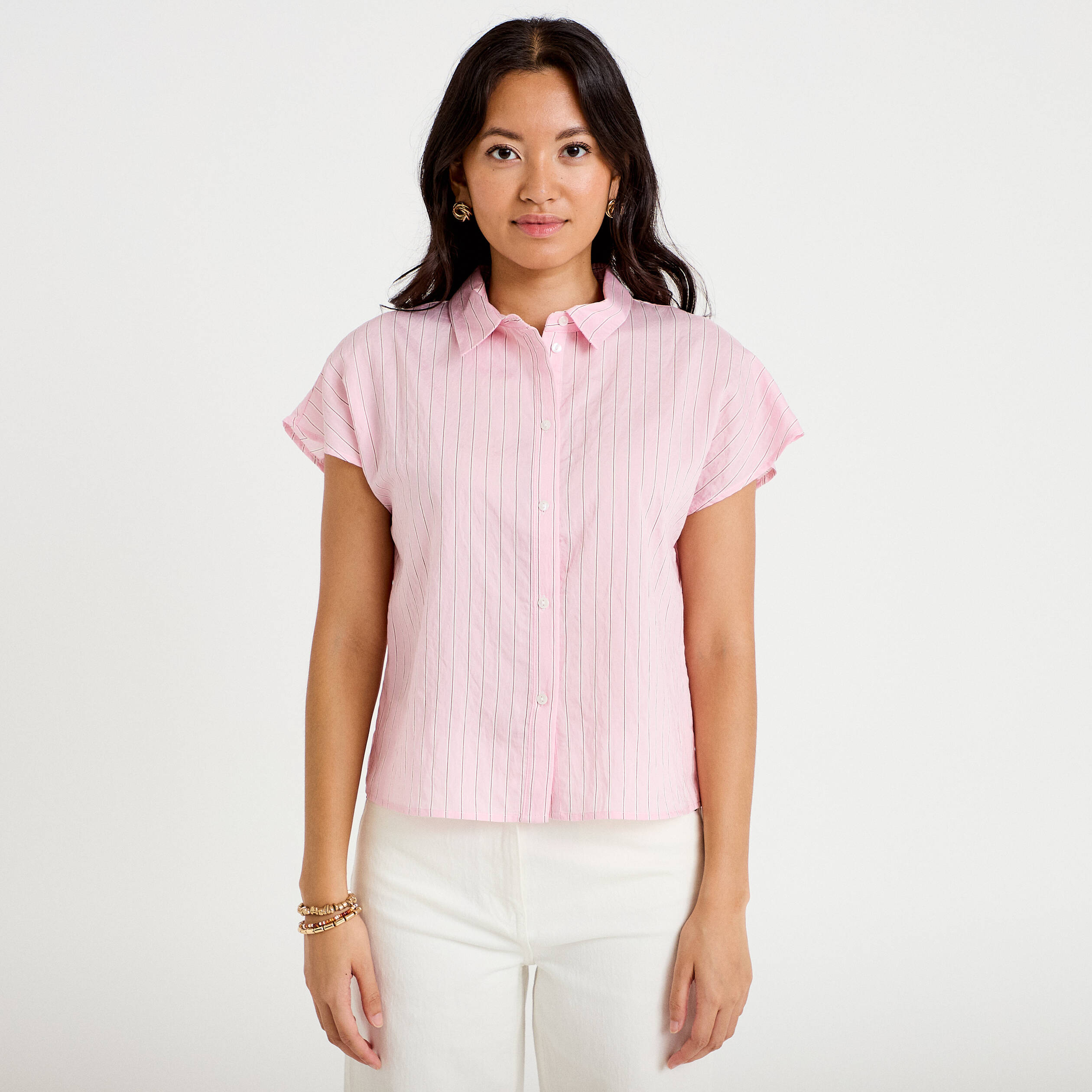 Chemise ample pliss&eacute;e manches courtes rose femme