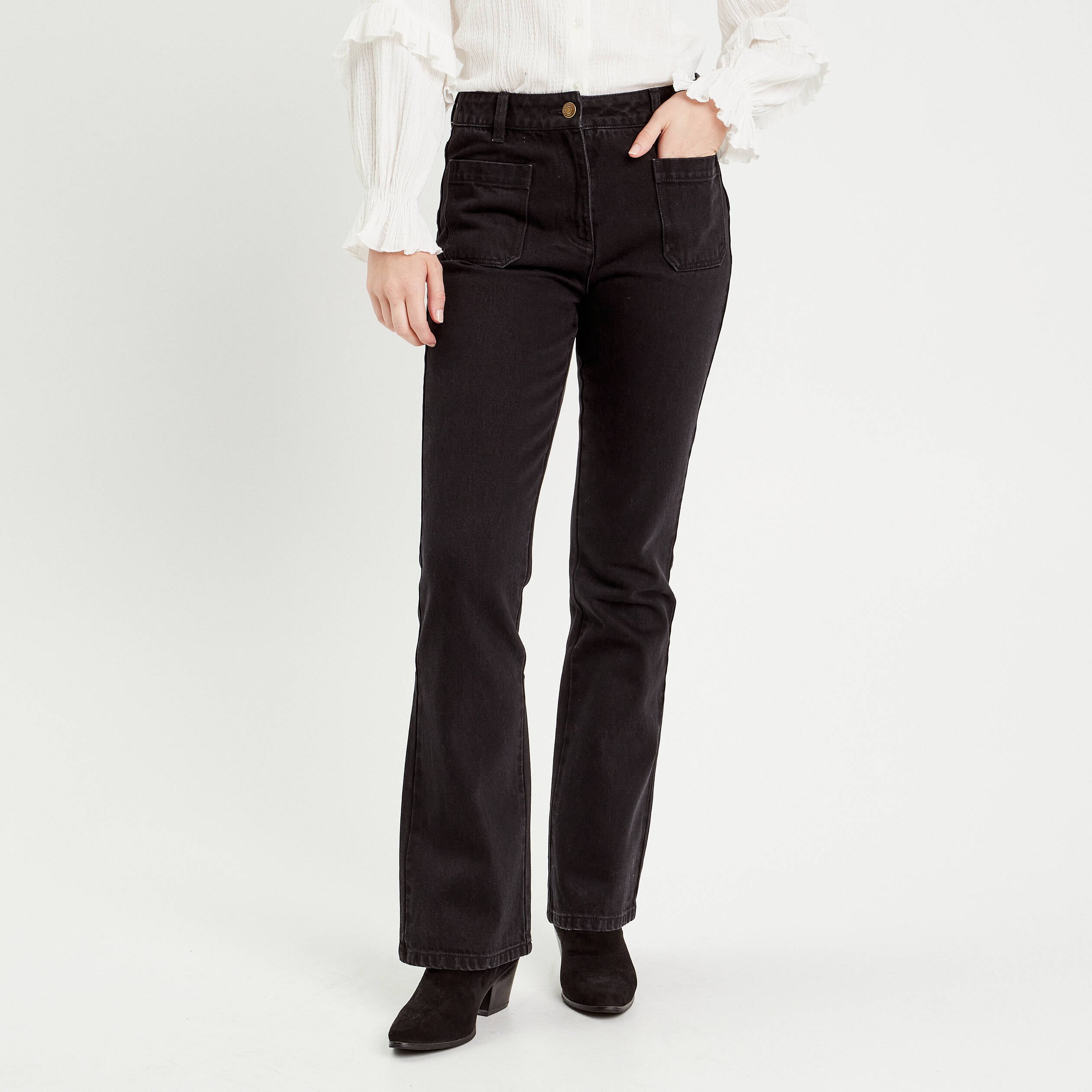 Jeans flare poches plaqu&eacute;es denim noir femme