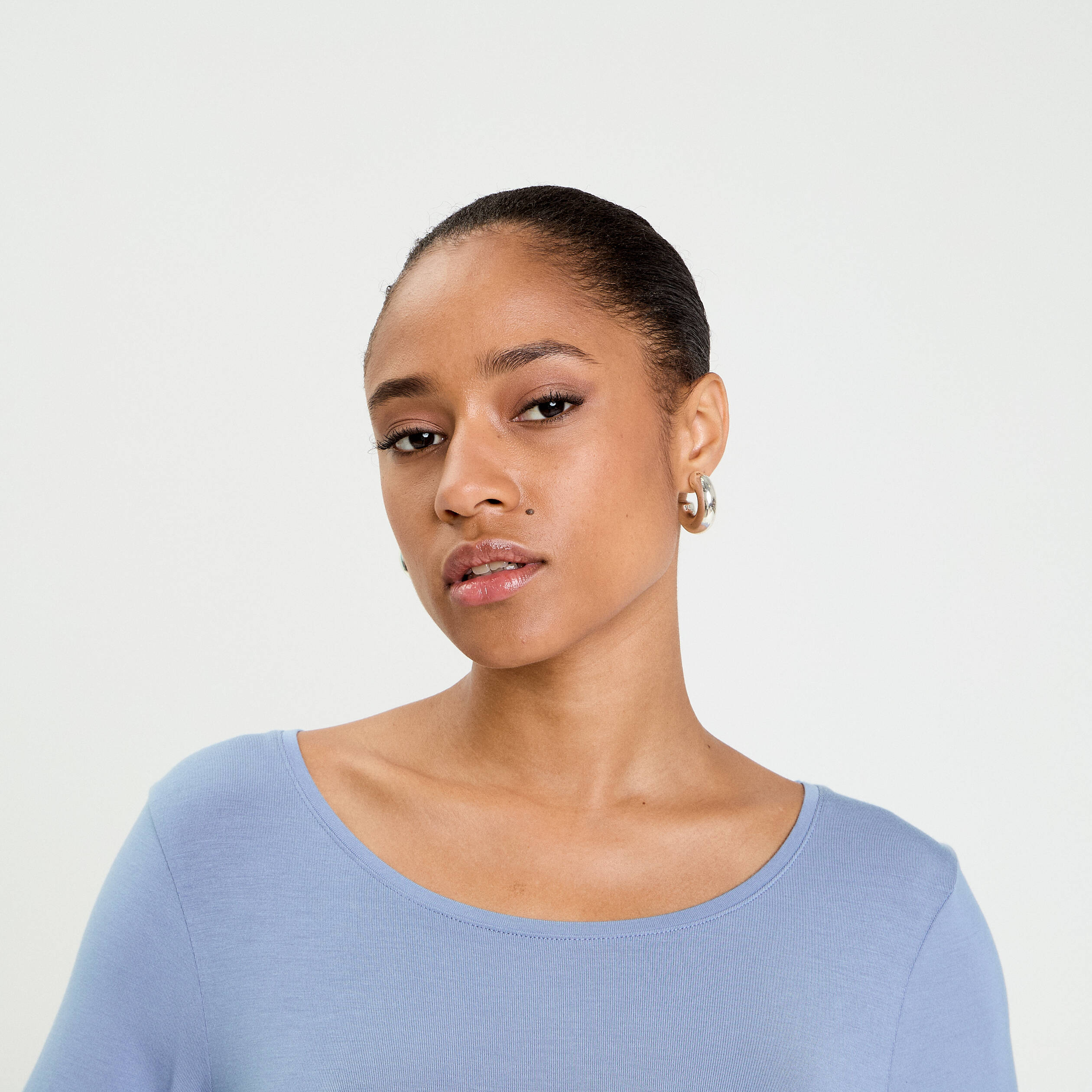 T-shirt uni &agrave; manches longues bleu gris femme