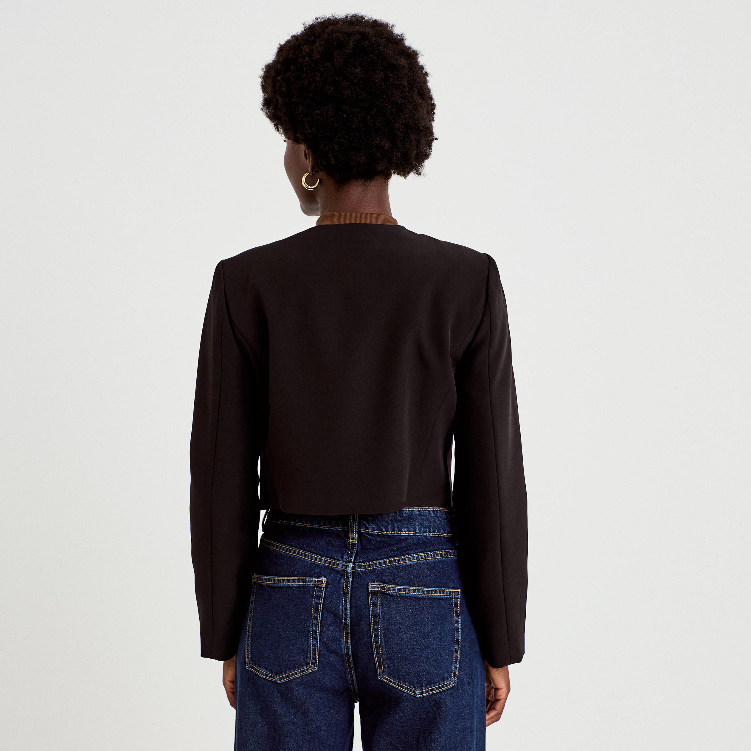 Blazer droit cropped col rond noir femme