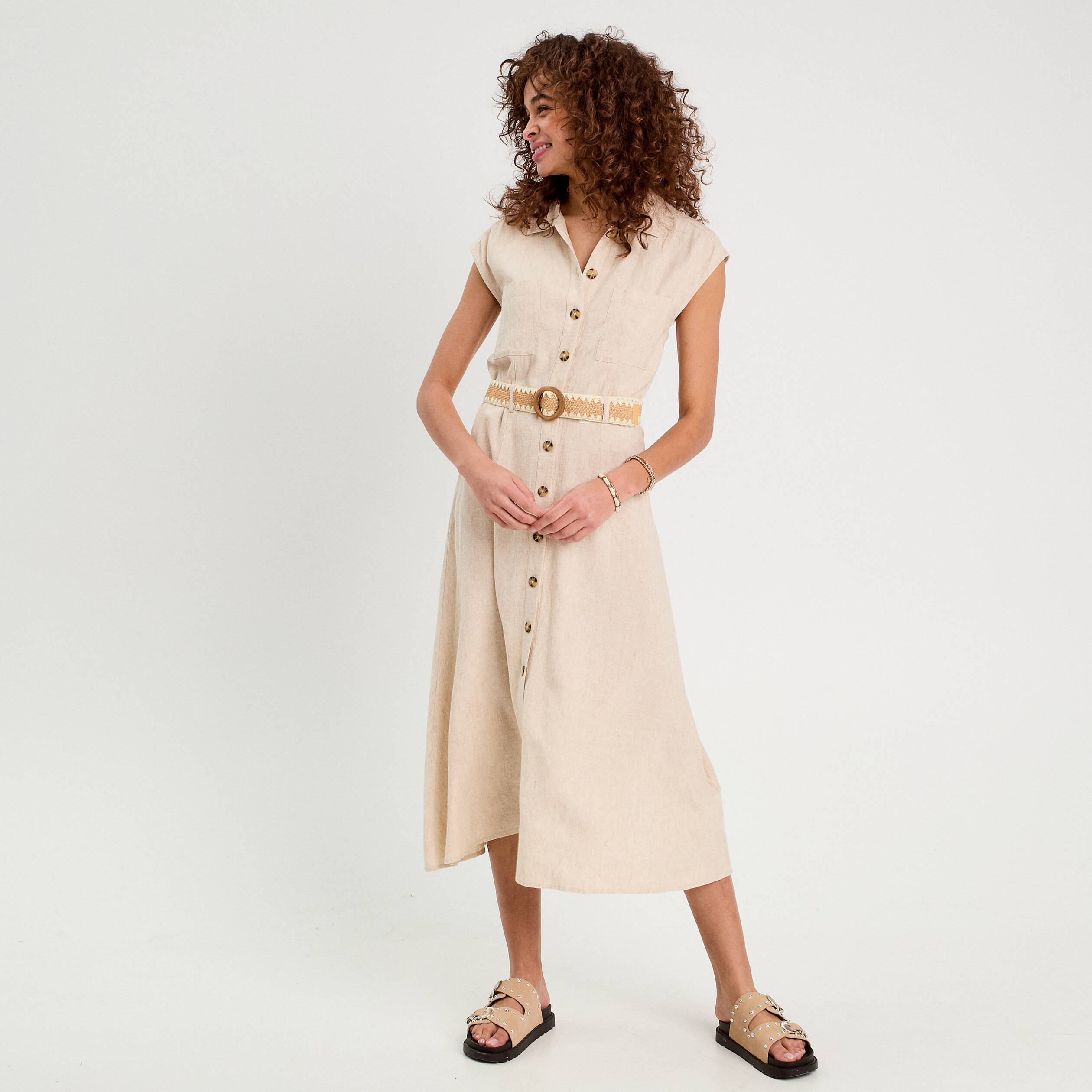 Robe Femme été – Style Bohème Fluide En Lin Et Coton – Mi-longue, Coupe Trapèze – Cache-ventre – Poches – Fabriquée En Italie