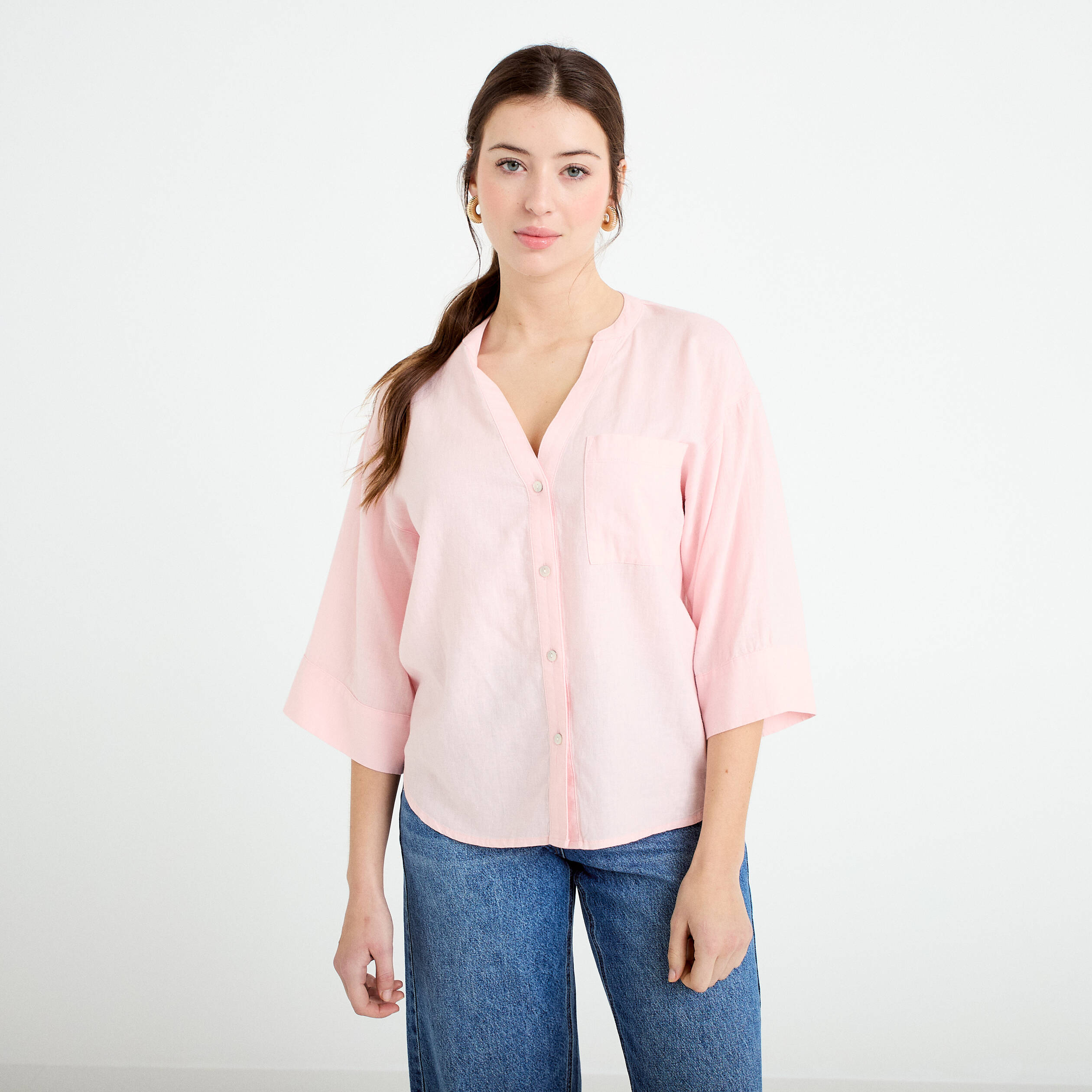 Blouse col V manches 3/4 rose clair femme