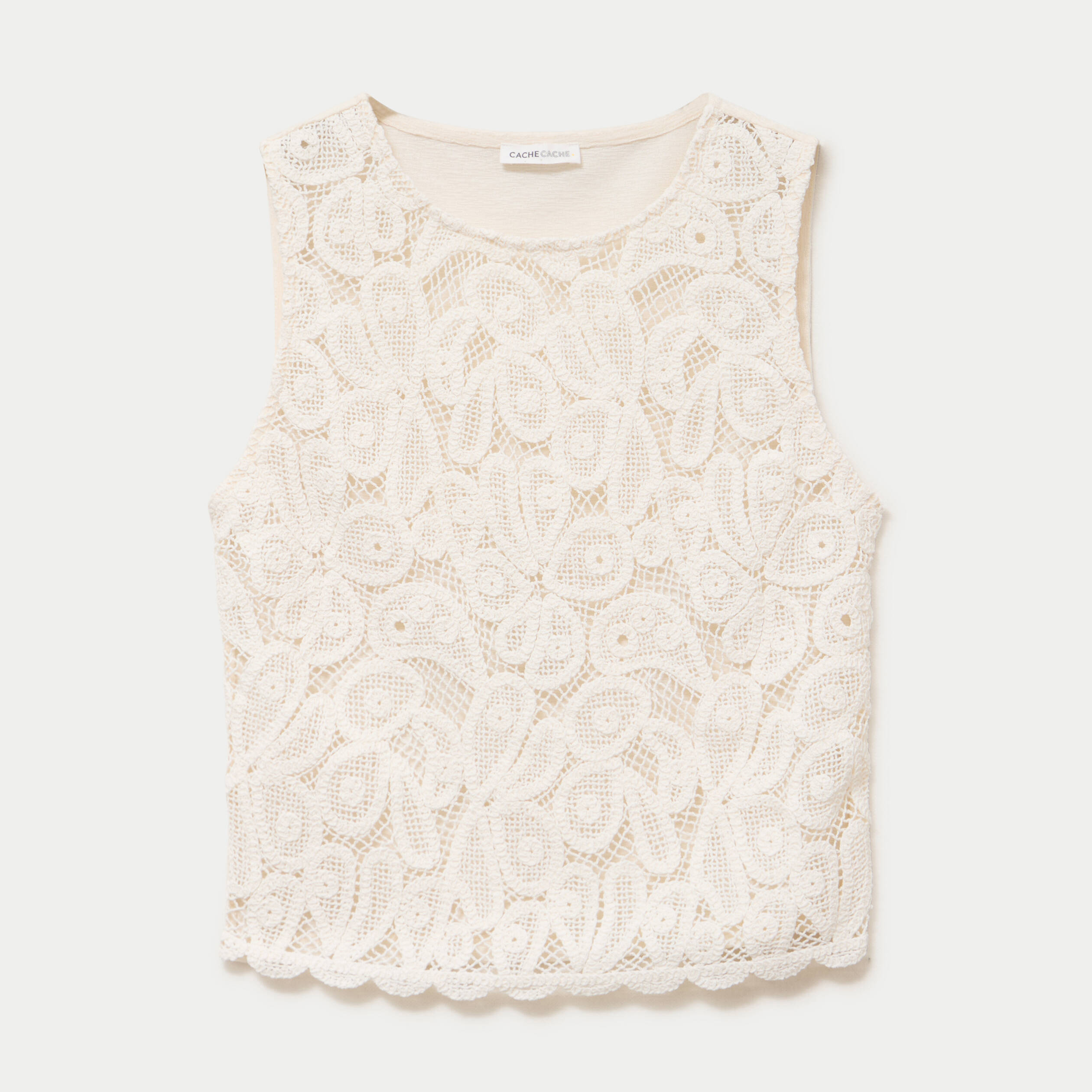 D&eacute;bardeur col rond aspect dentelle ecru femme
