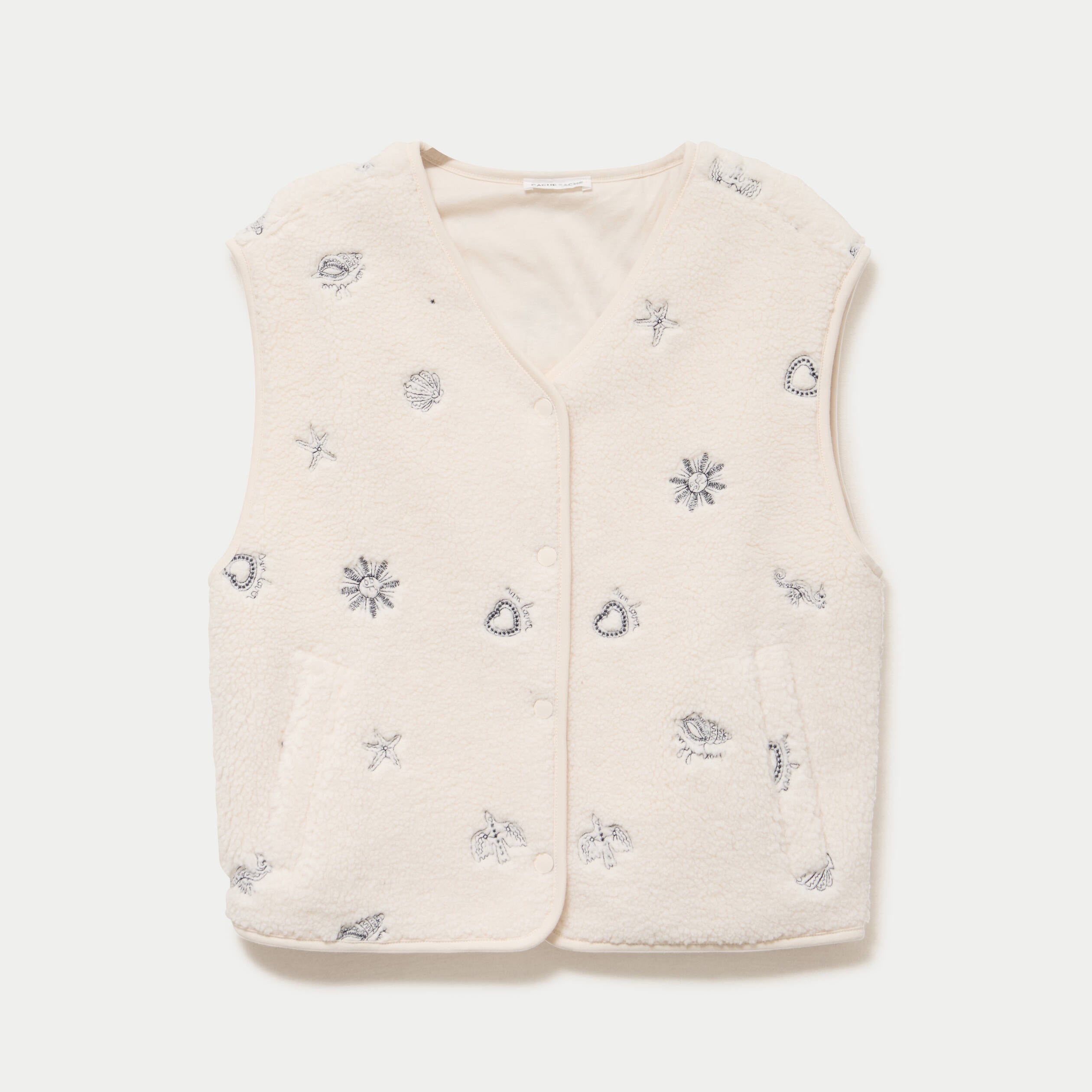 Gilet sans manches effet polaire col v ecru femme