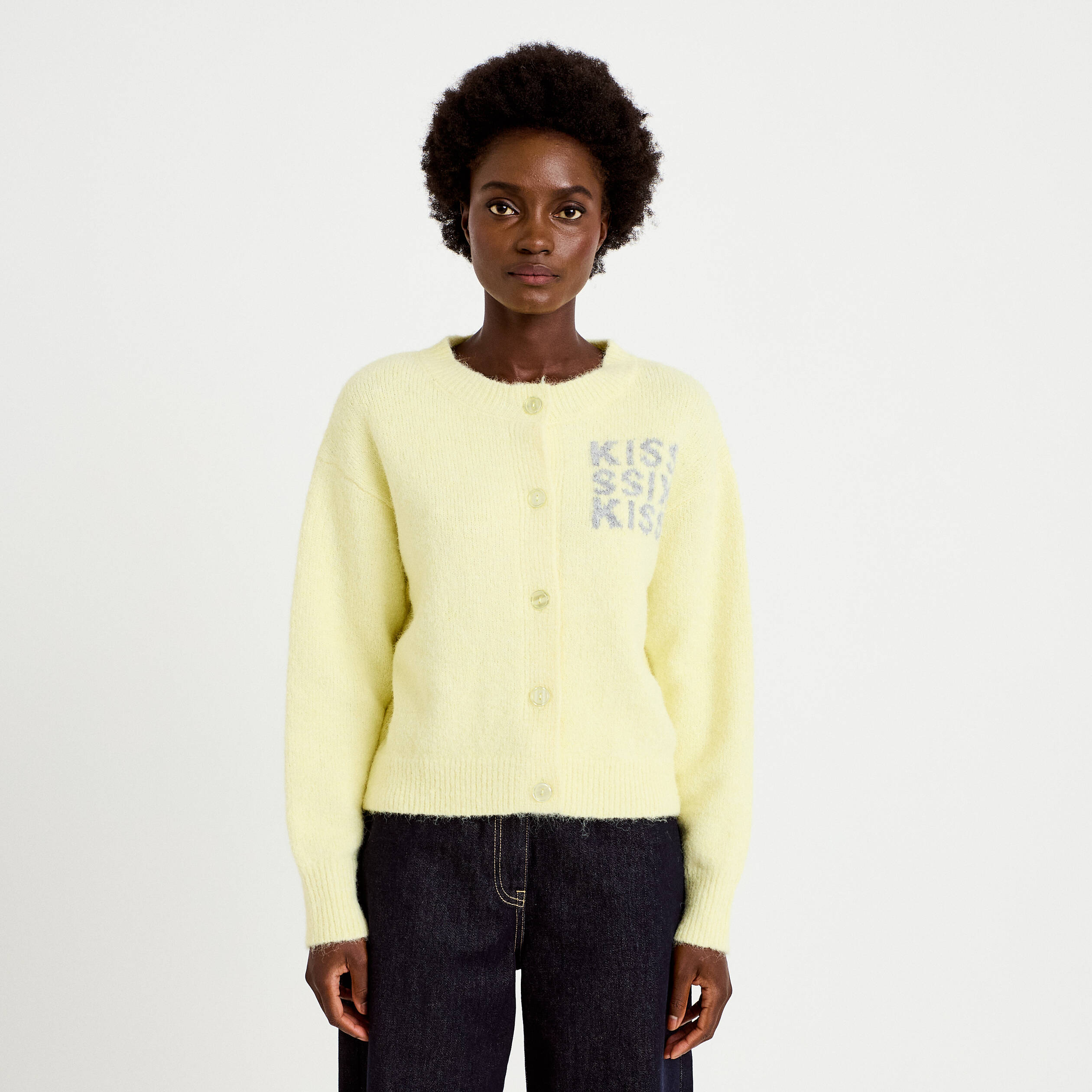 Gilet ample col rond manches longues jaune clair femme