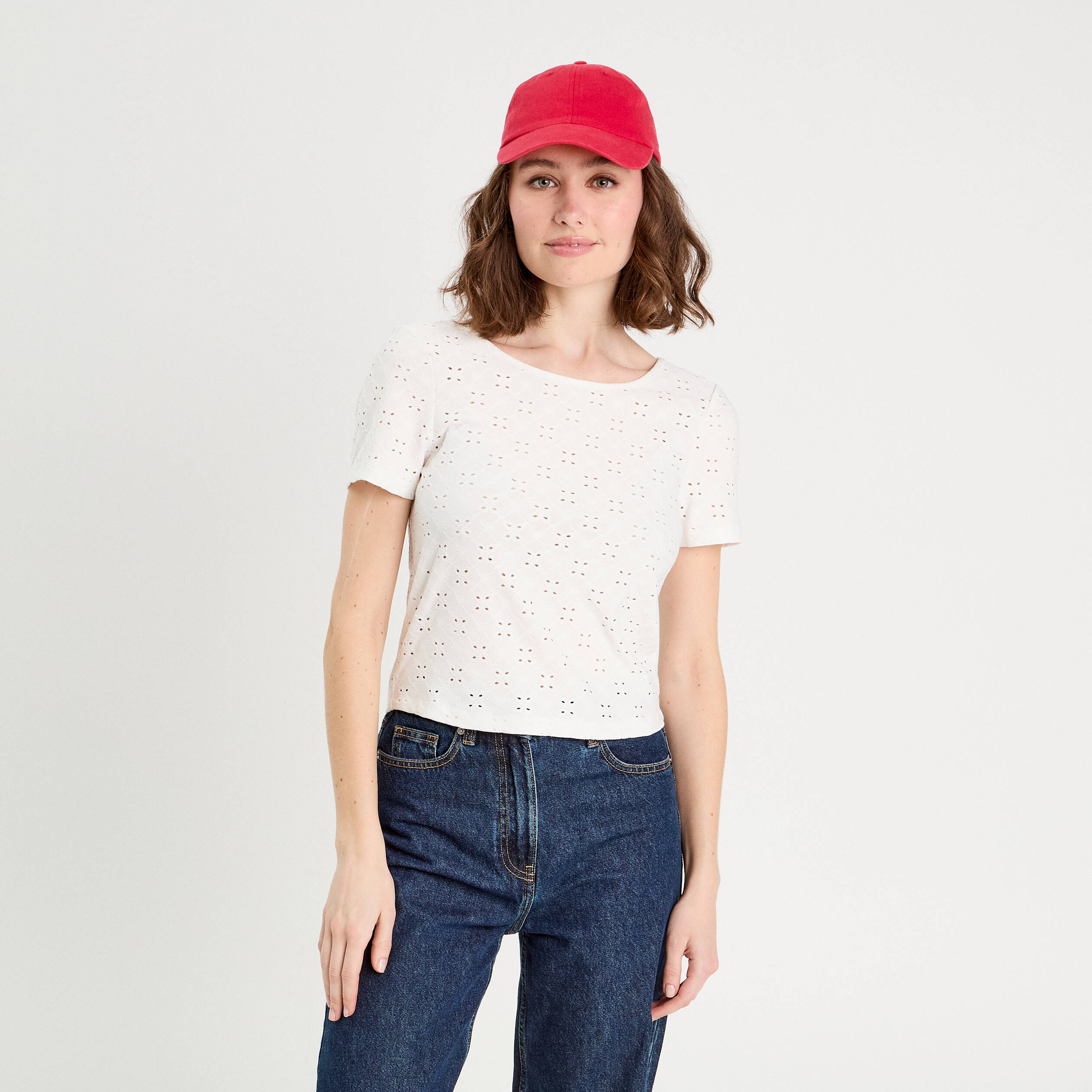 T-shirt broderie anglaise ecru femme