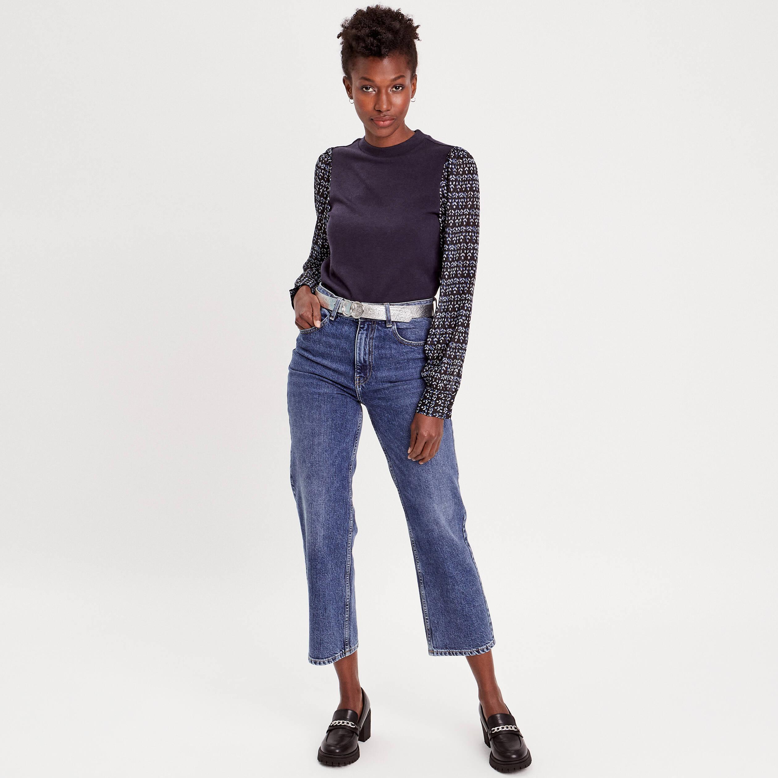 t shirt effet 2 en 1 bleu fonce femme T-shirt effet 2-en-1 bleu foncé femme