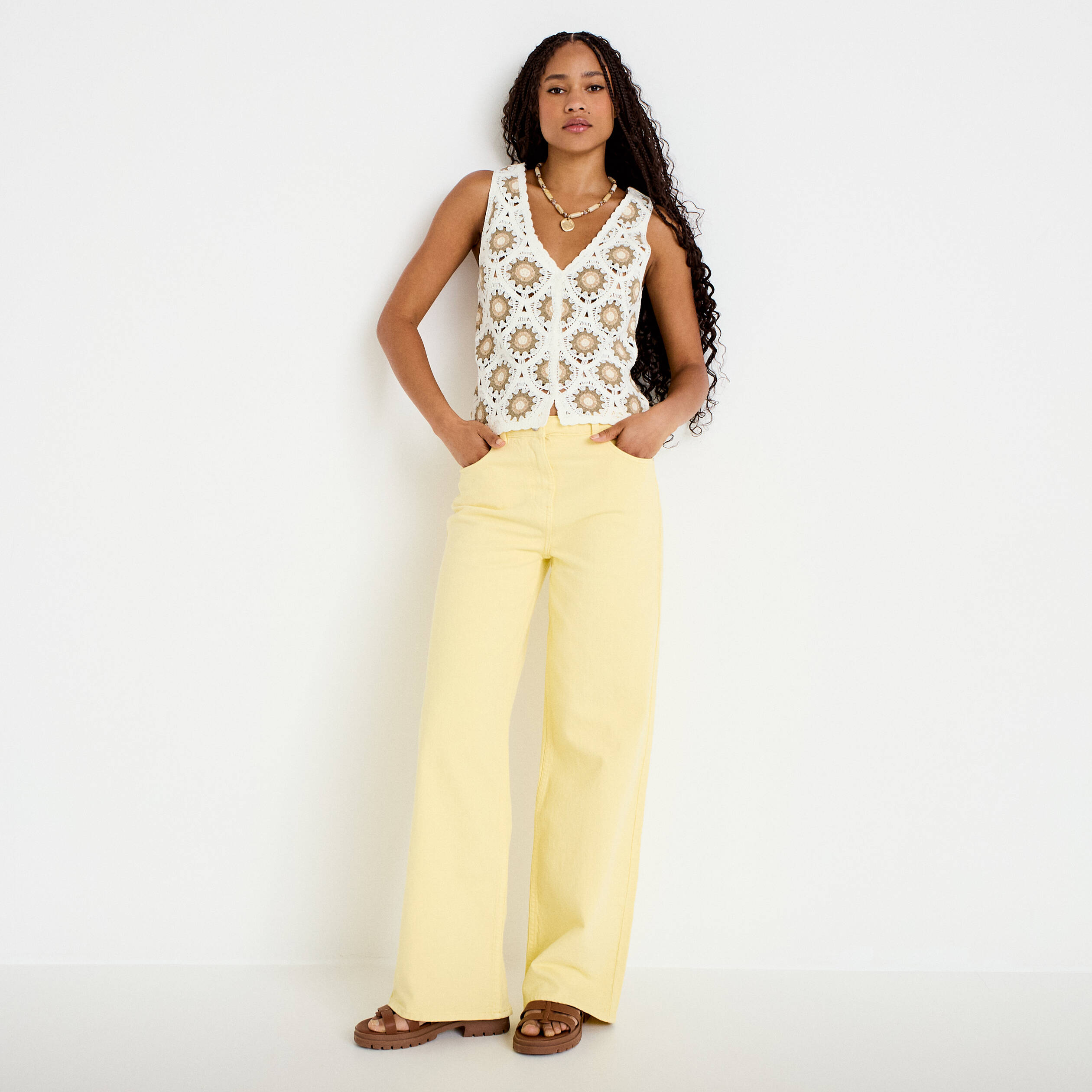 Jean wide leg taille haute jaune pastel femme