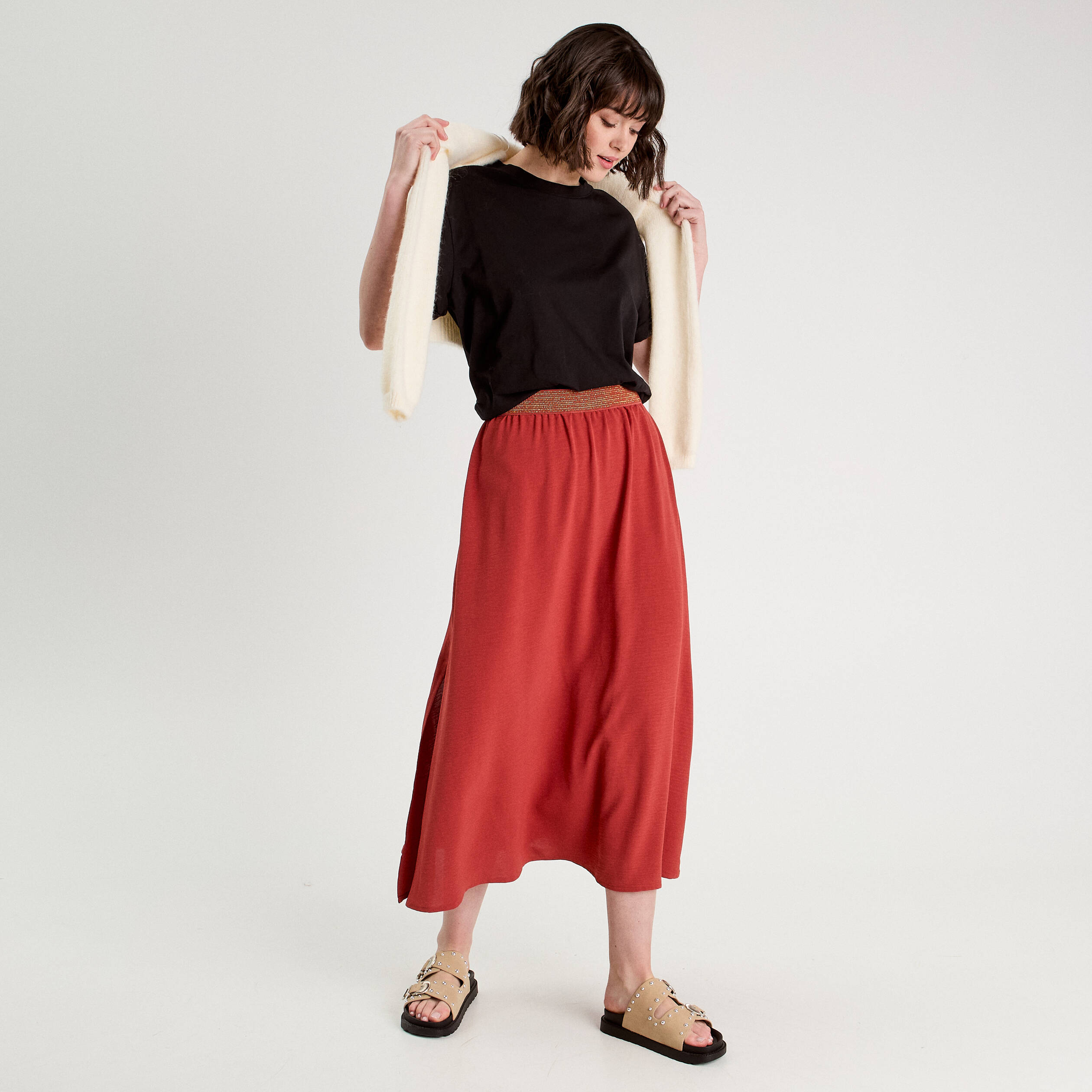 Jupe longue &eacute;vas&eacute;e fluide vieux rose femme