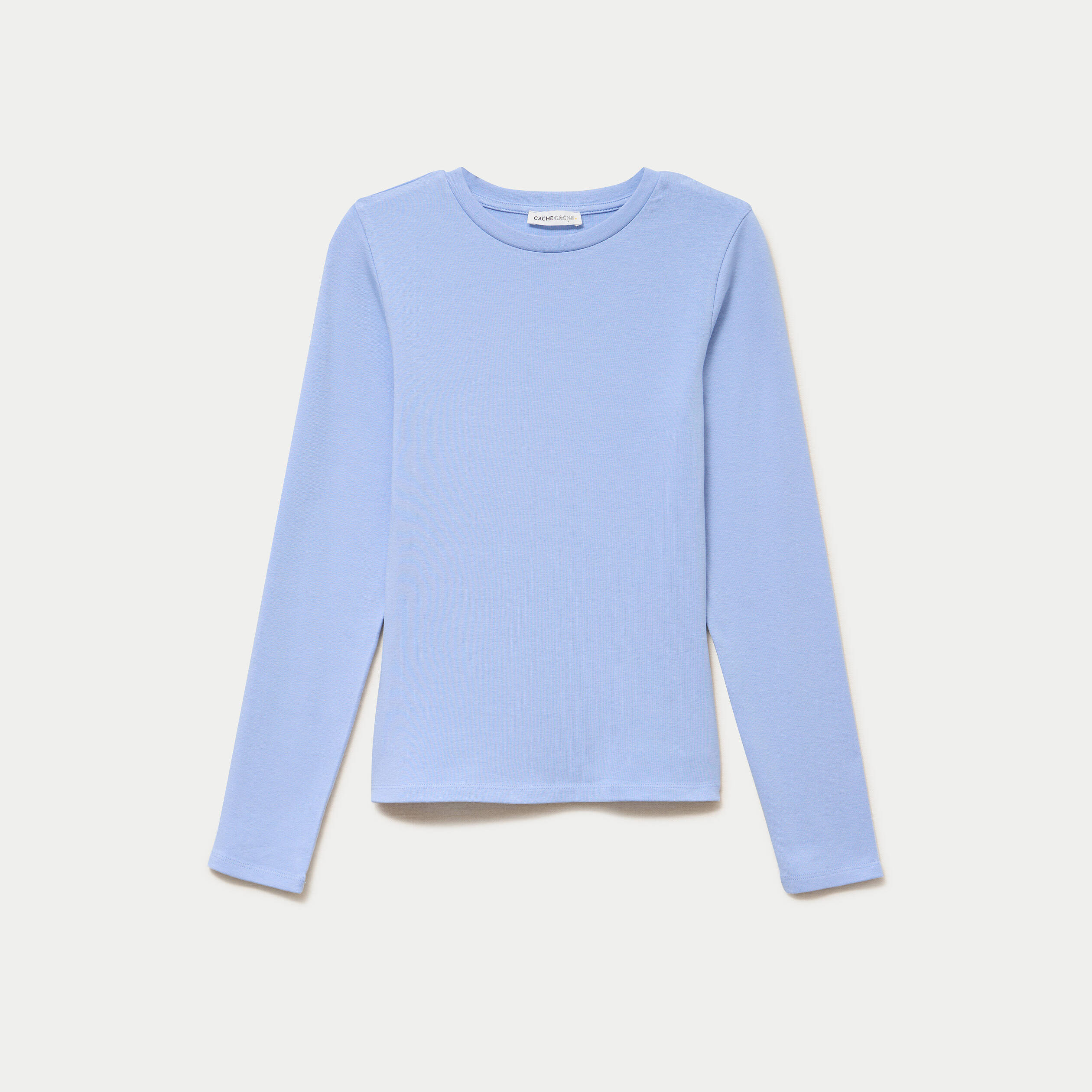 T-shirt cintr&eacute; col rond manches longues bleu clair femme