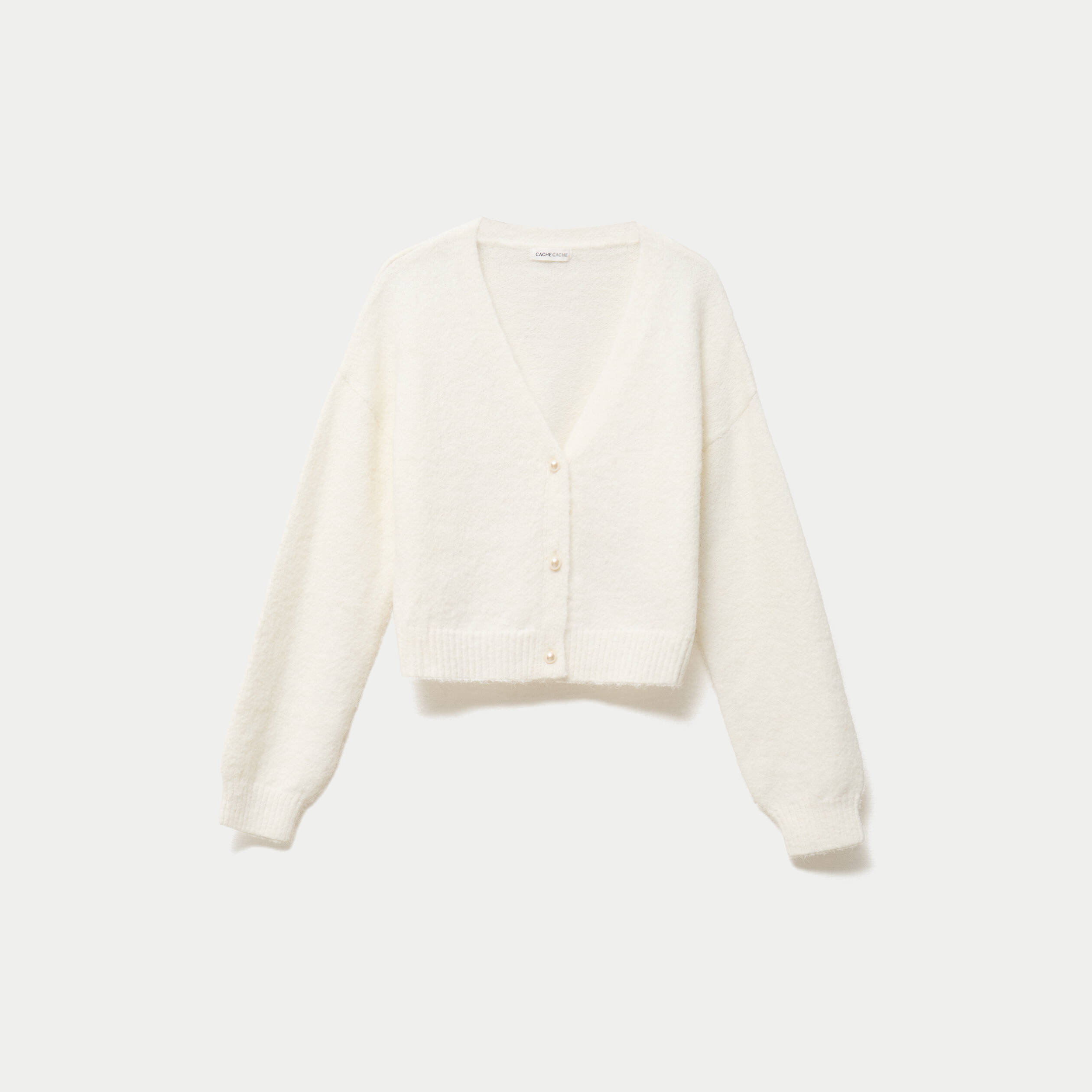 Gilet court ajust&eacute; col v manches longues ecru femme