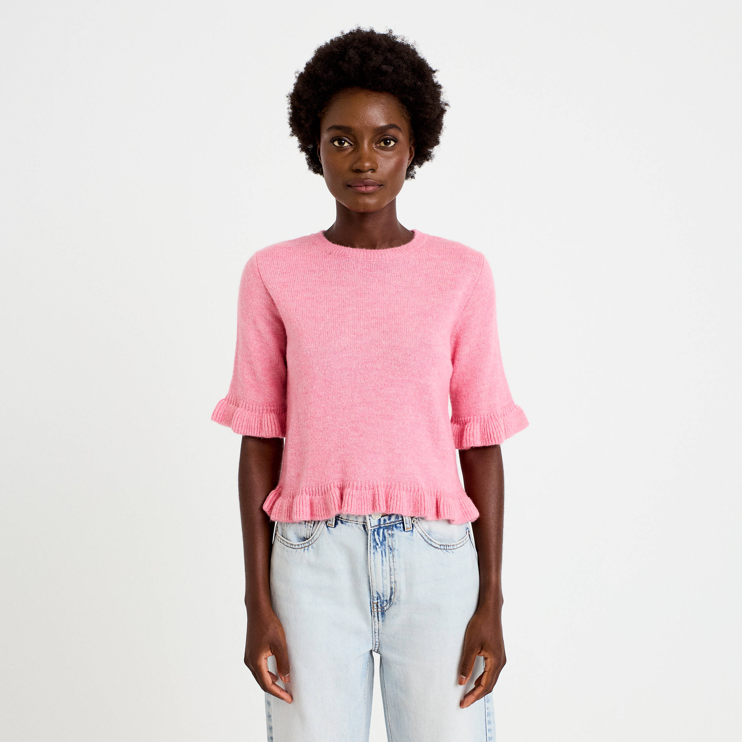 Pull col rond manches courtes rose clair femme