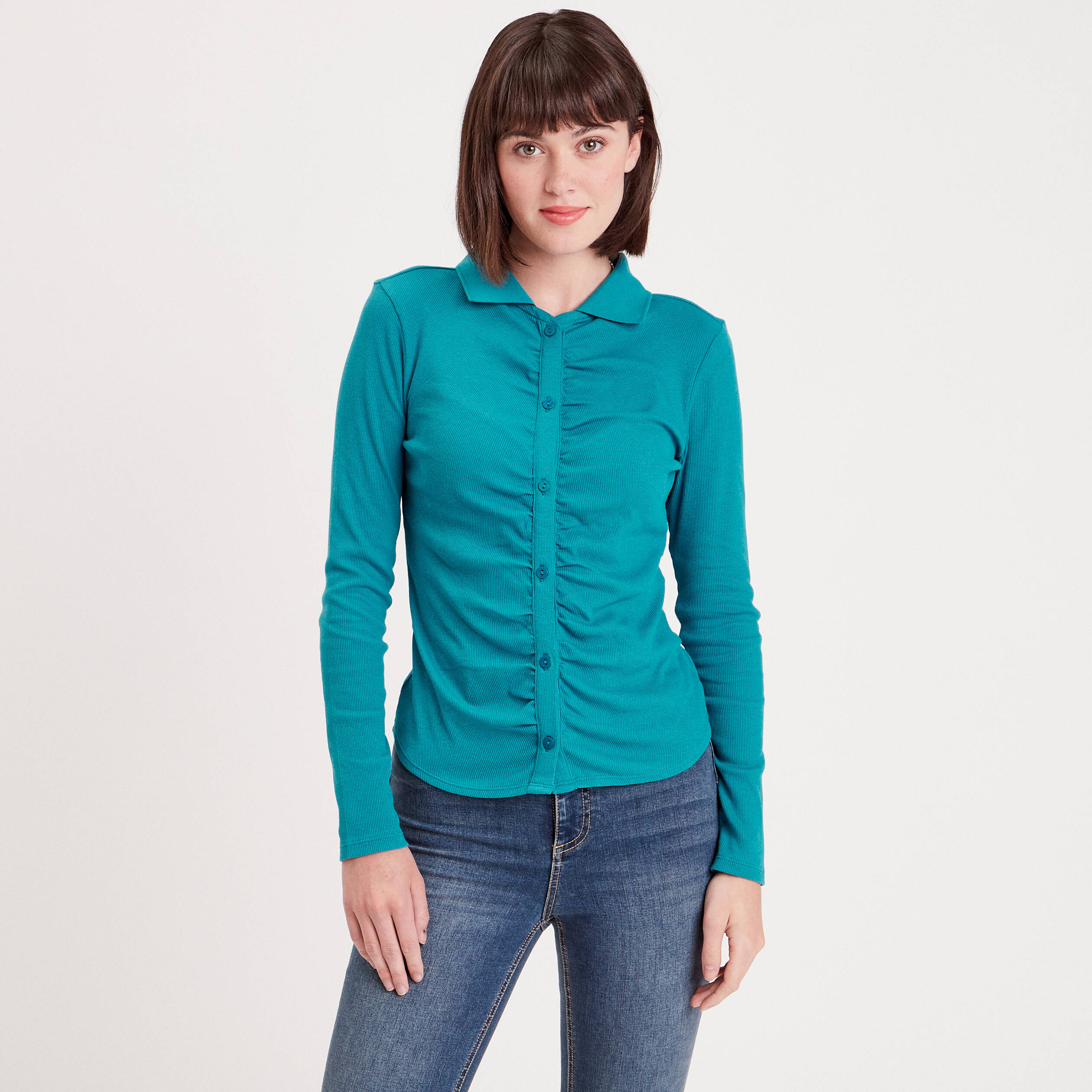 t shirt cotele avec fronces bleu femme T-shirt côtelé avec fronces bleu femme