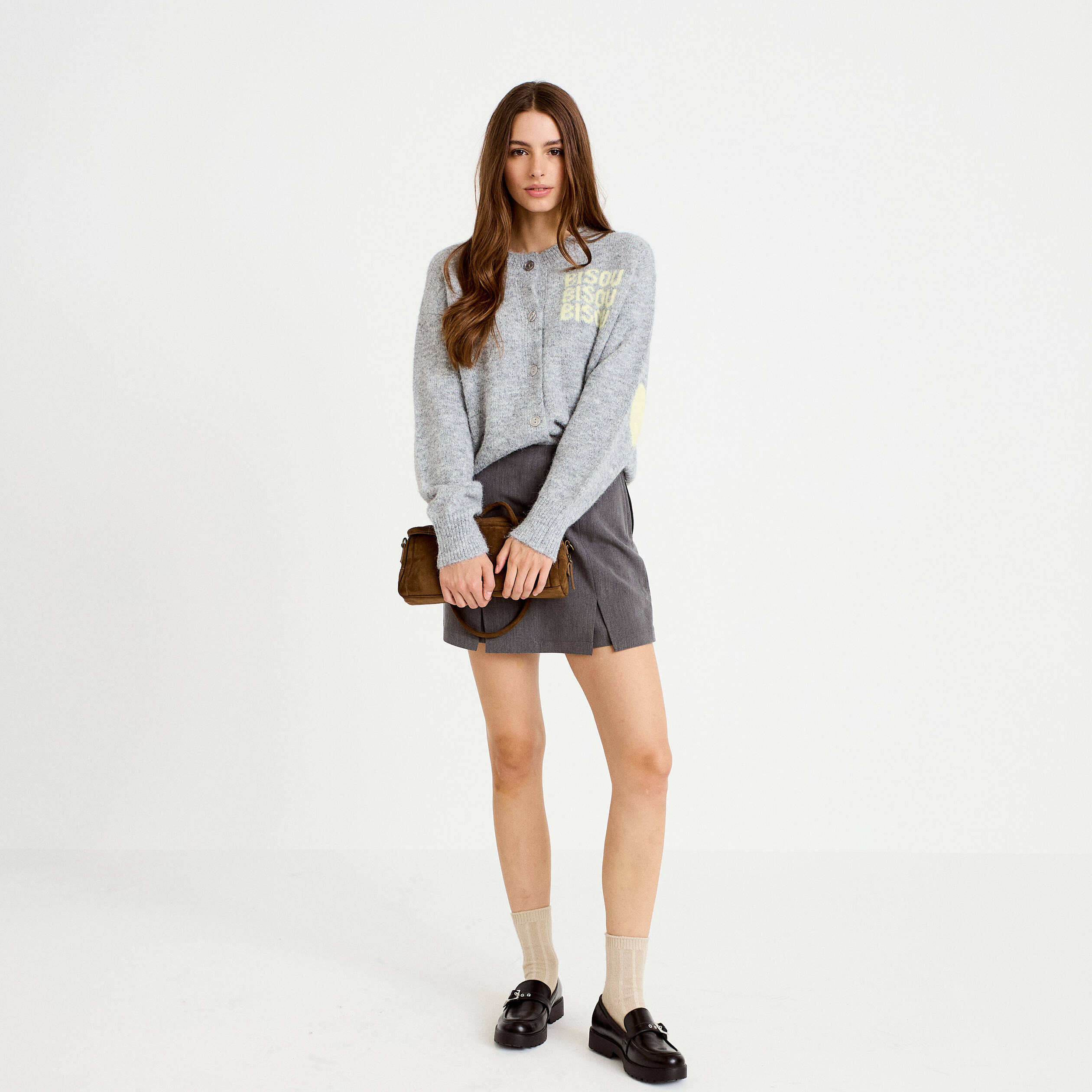 Gilet ample col rond manches longues gris clair femme