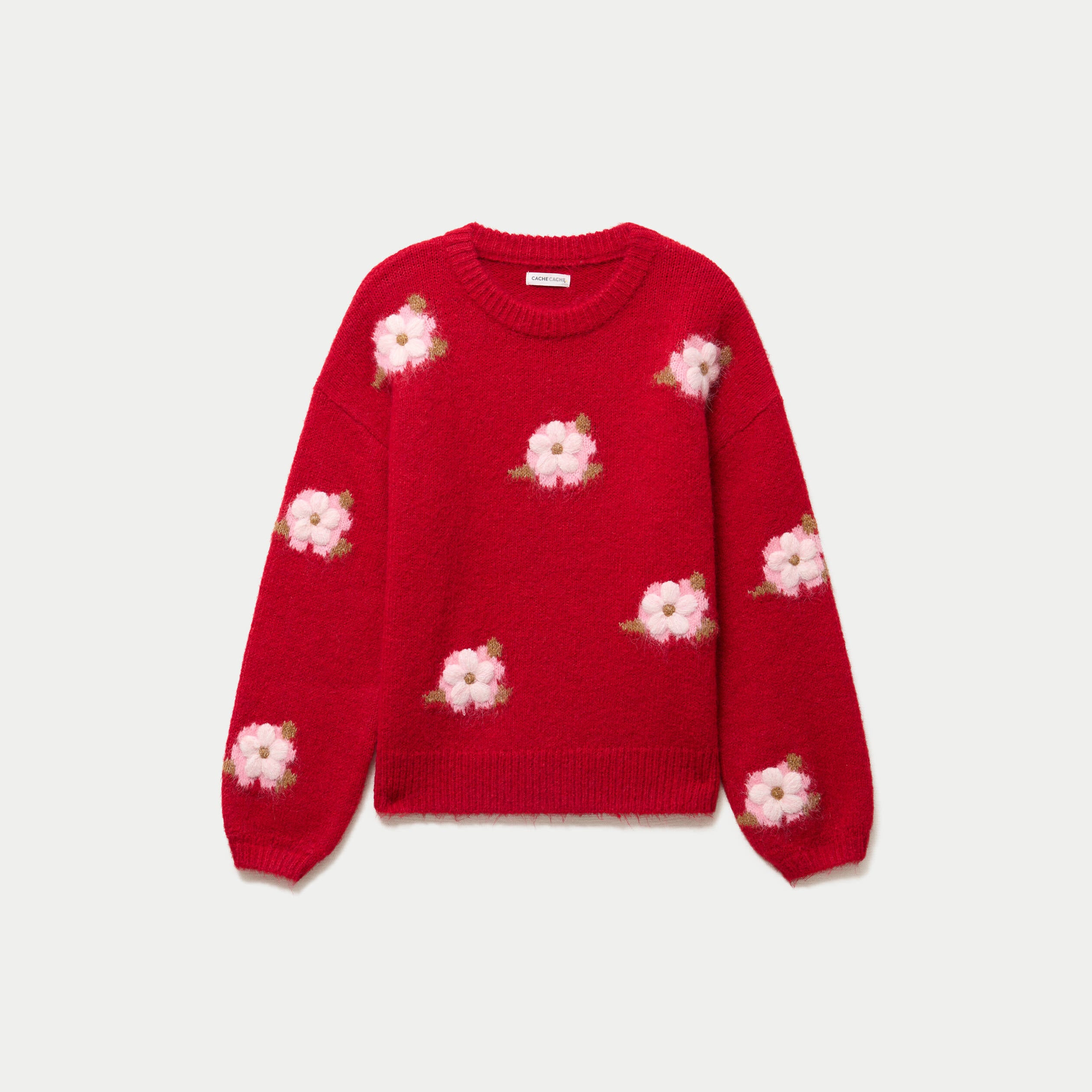 Pull ample col rond manches longues rouge femme