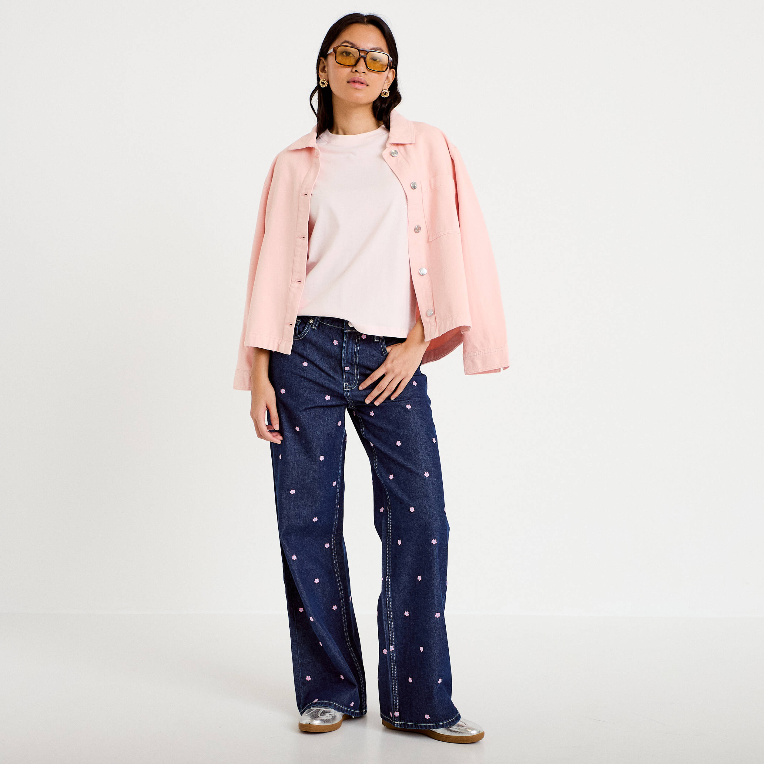 T-shirt col rond manches courtes rose clair femme