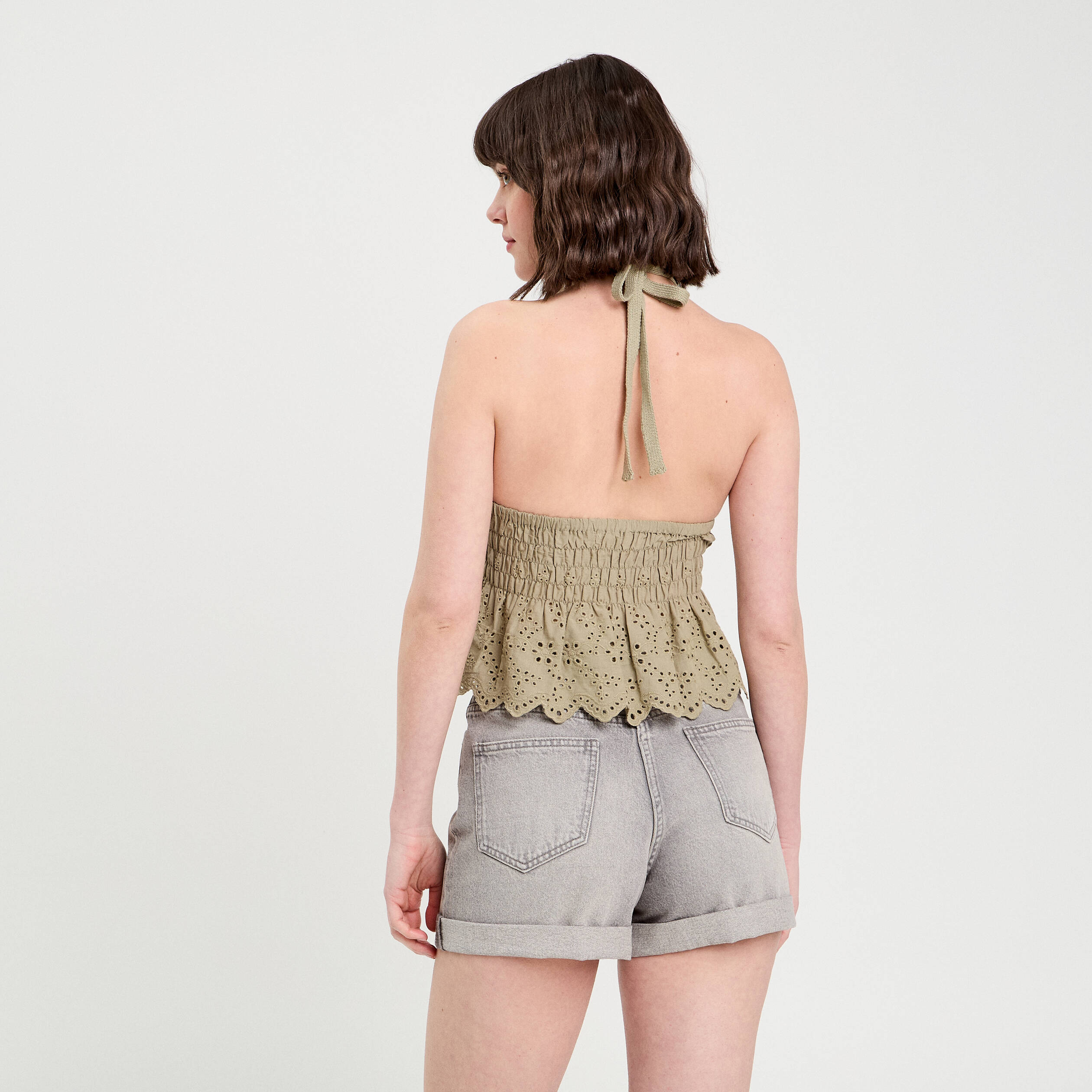 Crop top tricot avec broderie vert kaki femme