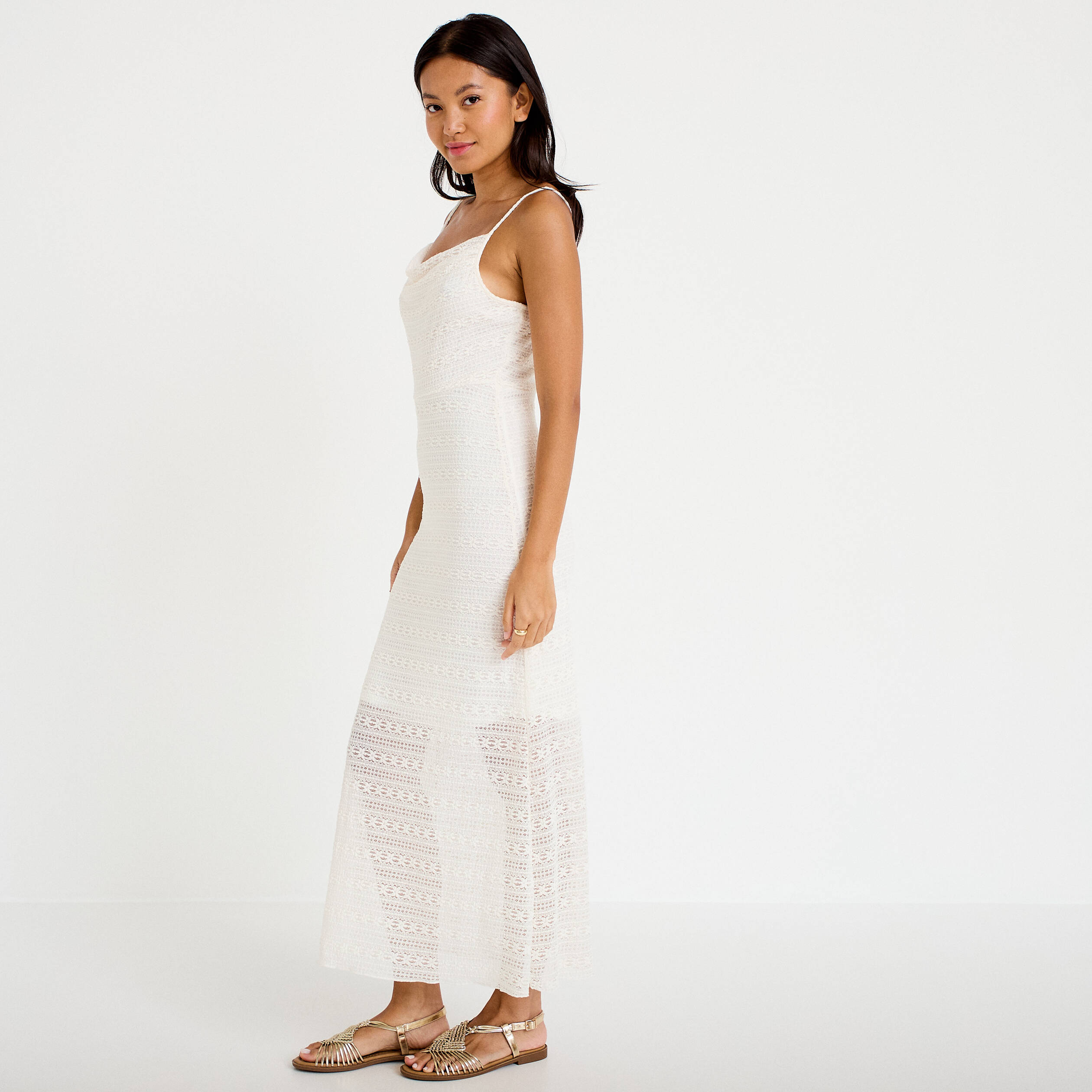 Robe longue droite col b&eacute;nitier dentelle ecru femme