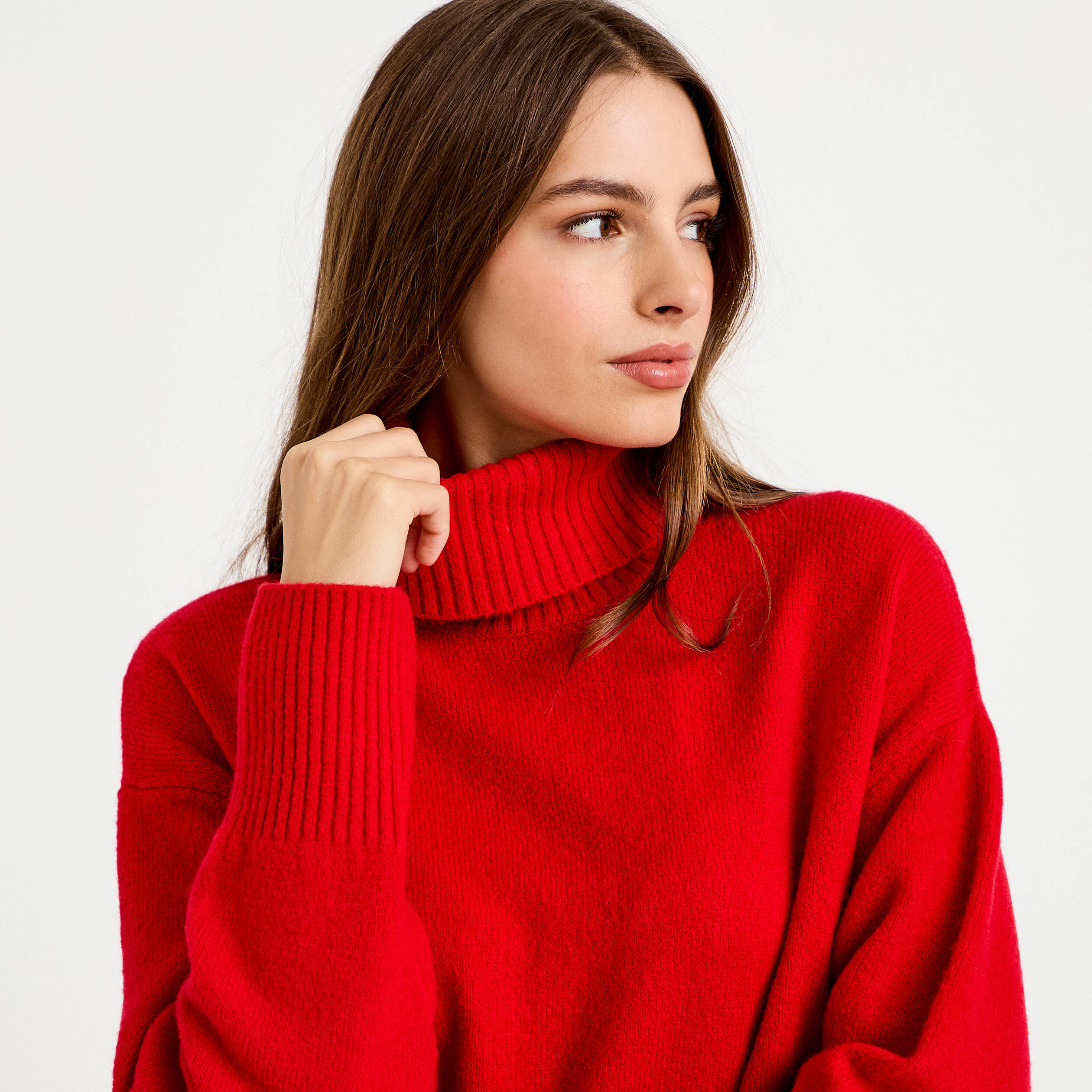 Pull col roul&eacute; manches longues rouge femme