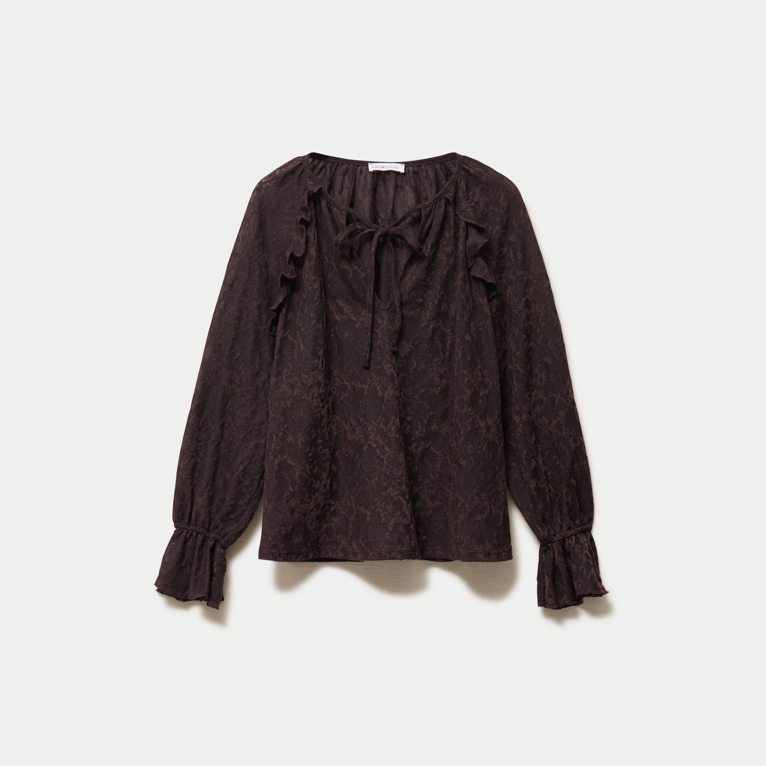 Blouse droite manches longues col rond marron fonc&eacute; femme