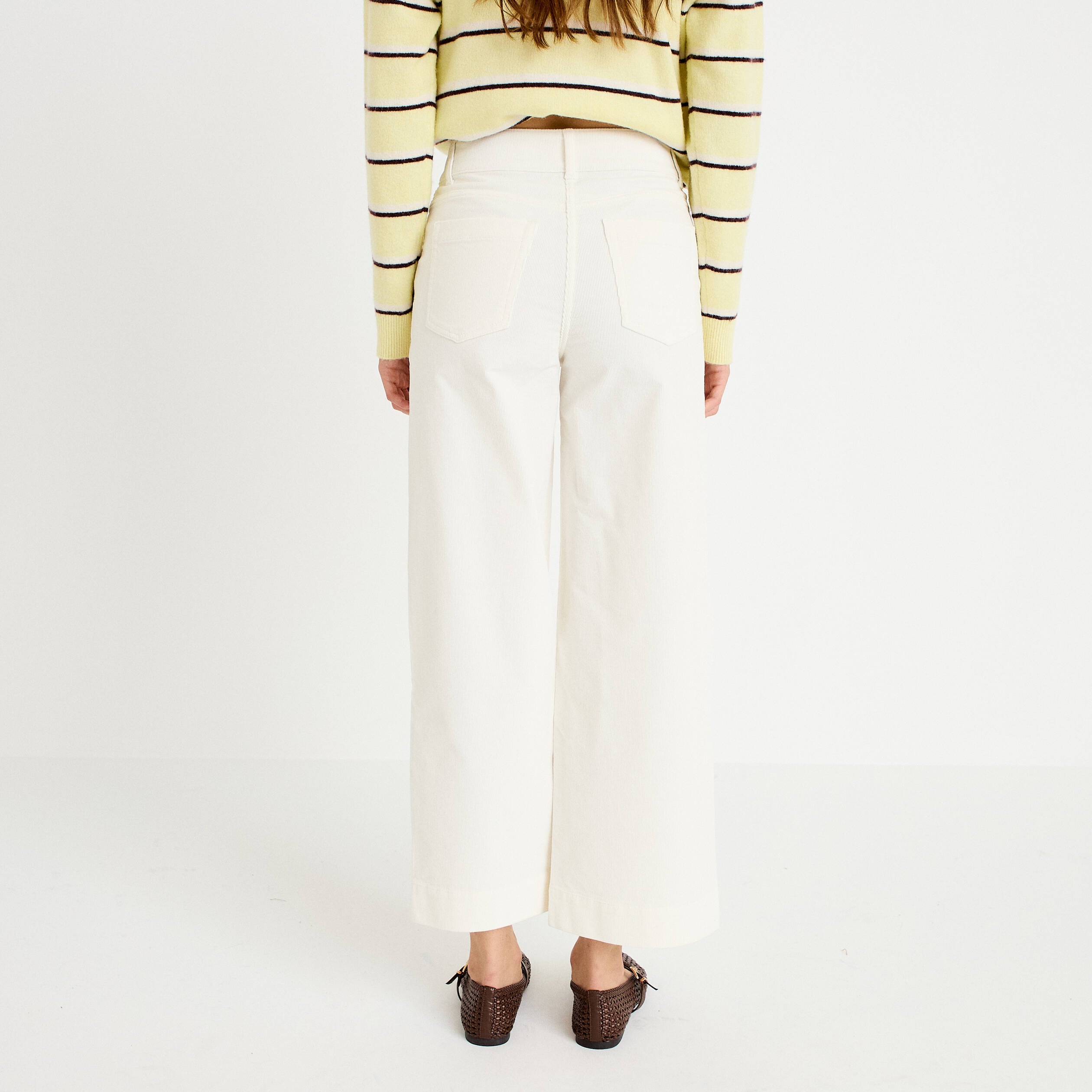 Pantalon taille haute velours ecru femme