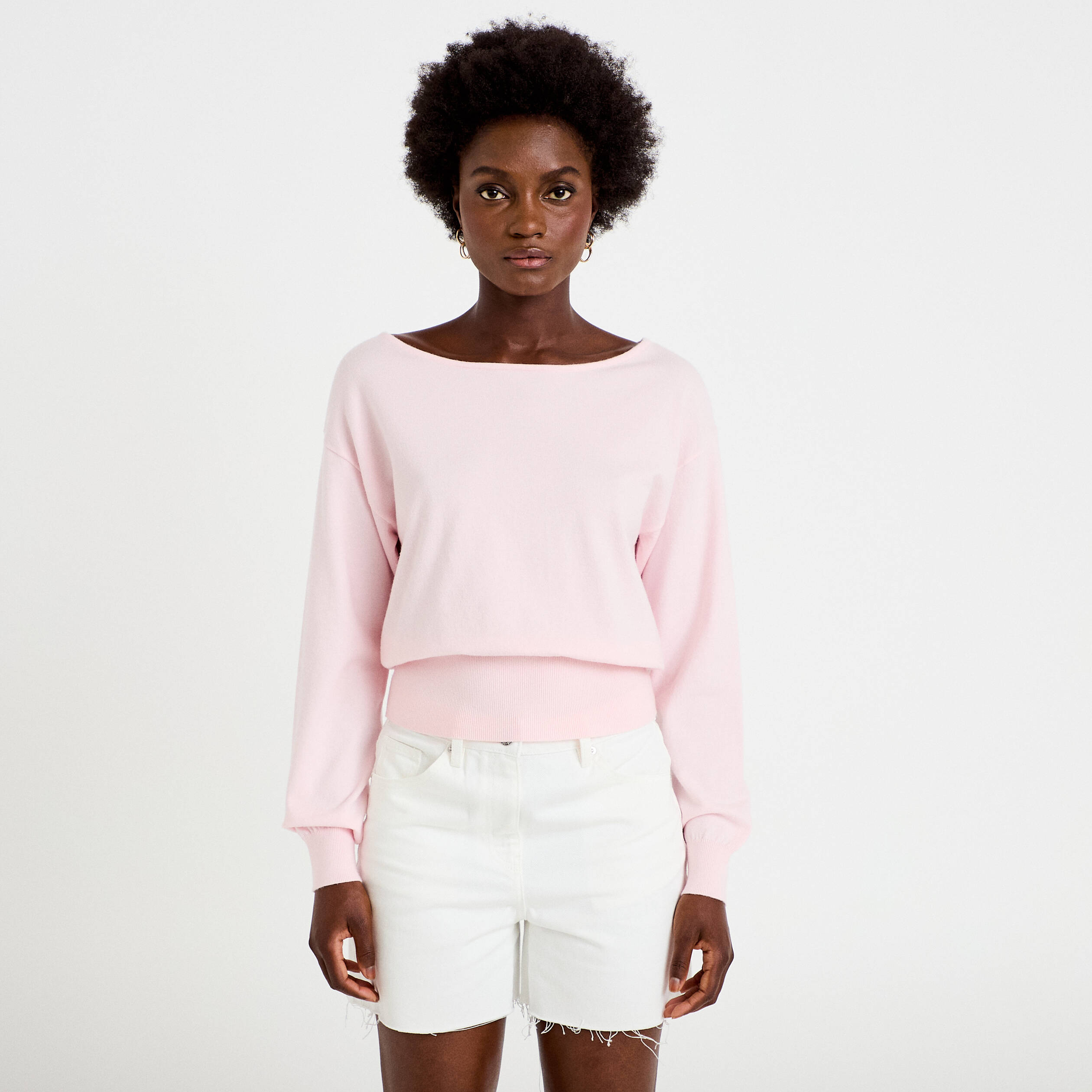 Pull ample manches longues fin rose clair femme