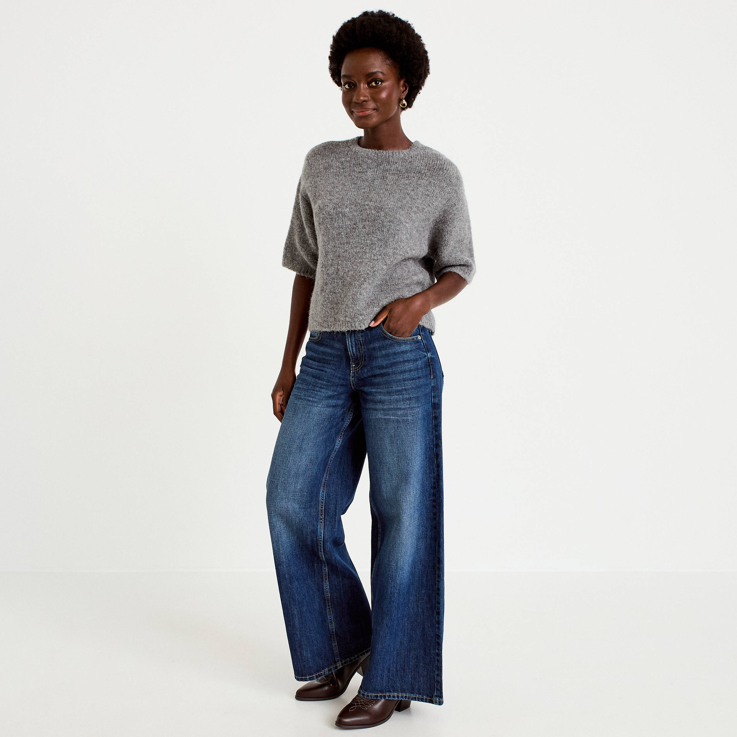 Pull manches courtes gris femme