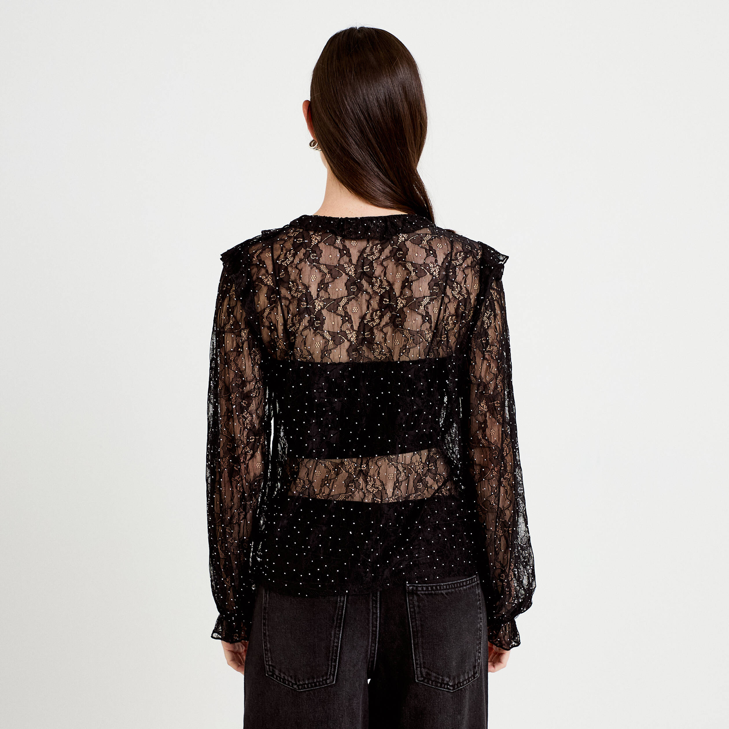 Blouse dentelle manches longues noir femme
