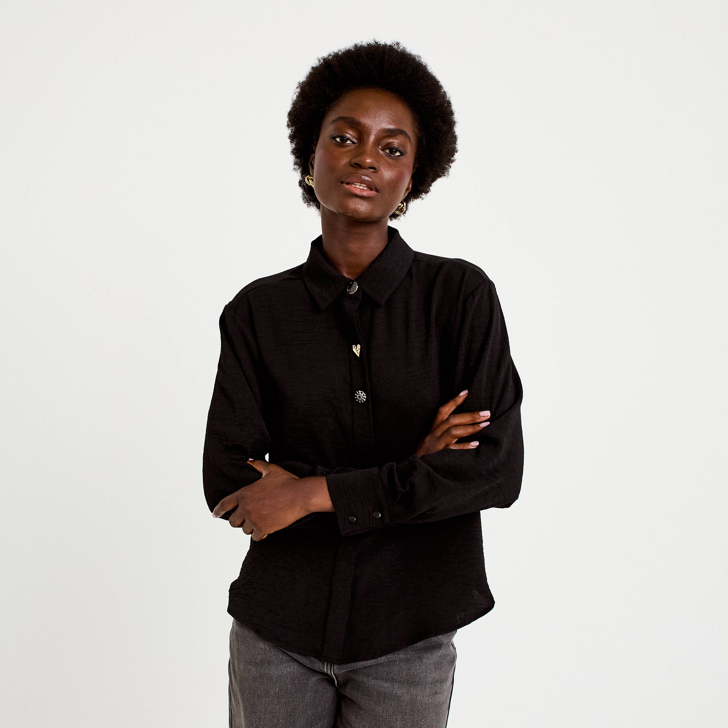 Chemise droite pliss&eacute;e manches longues noir femme