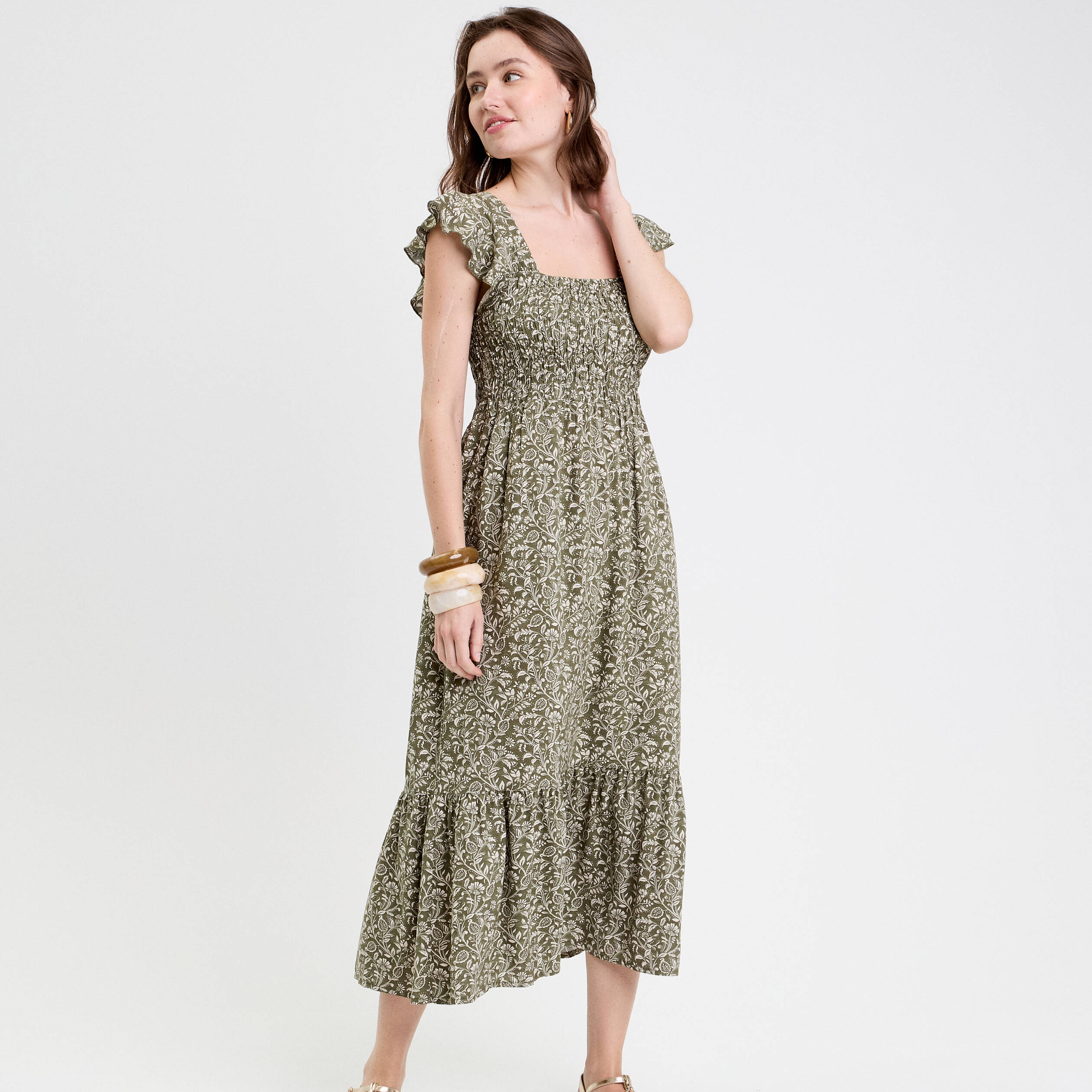 robe longue evasee smockee vert kaki femme Robe longue évasée smockée vert kaki femme