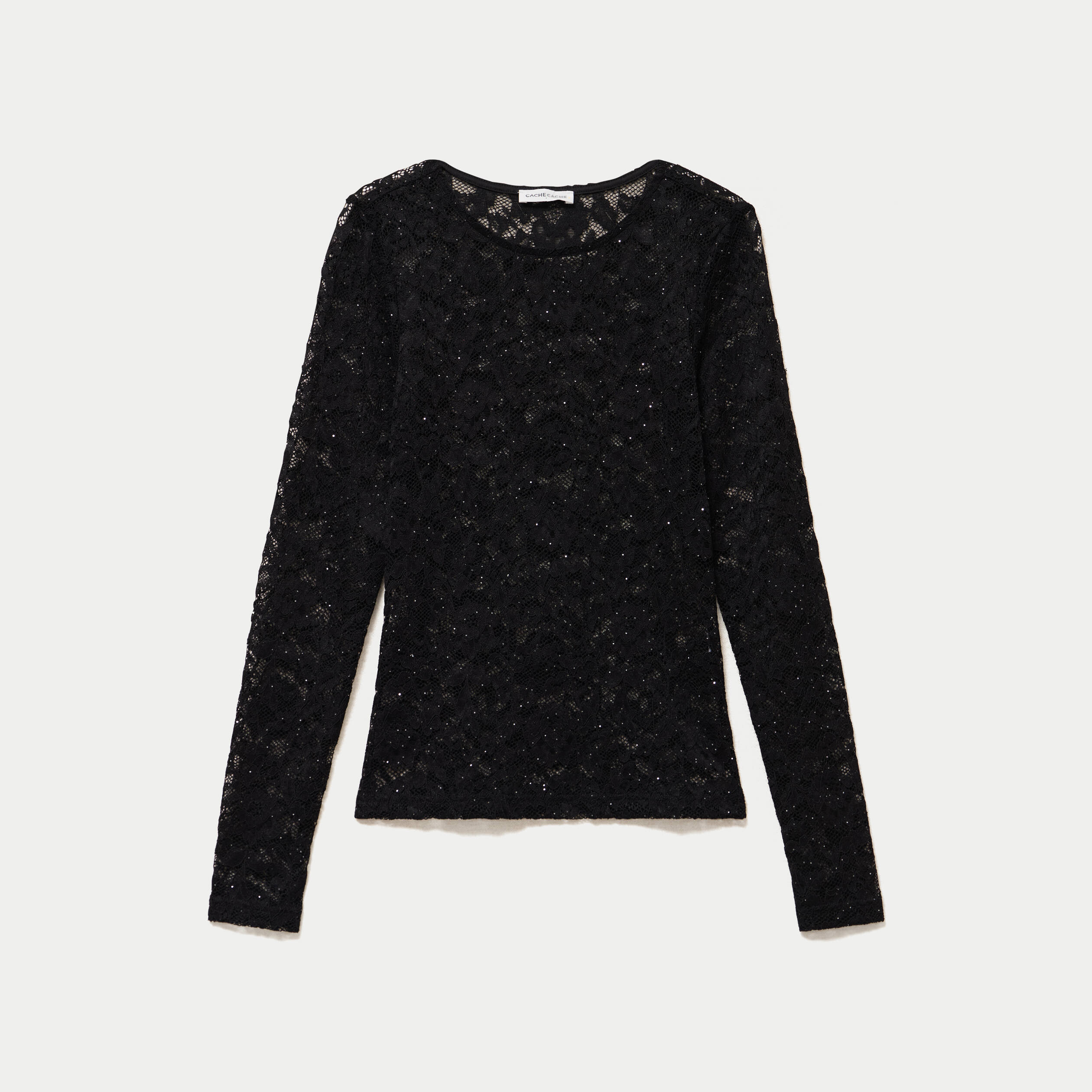 Top ajust&eacute; manches longues dentelle noir femme