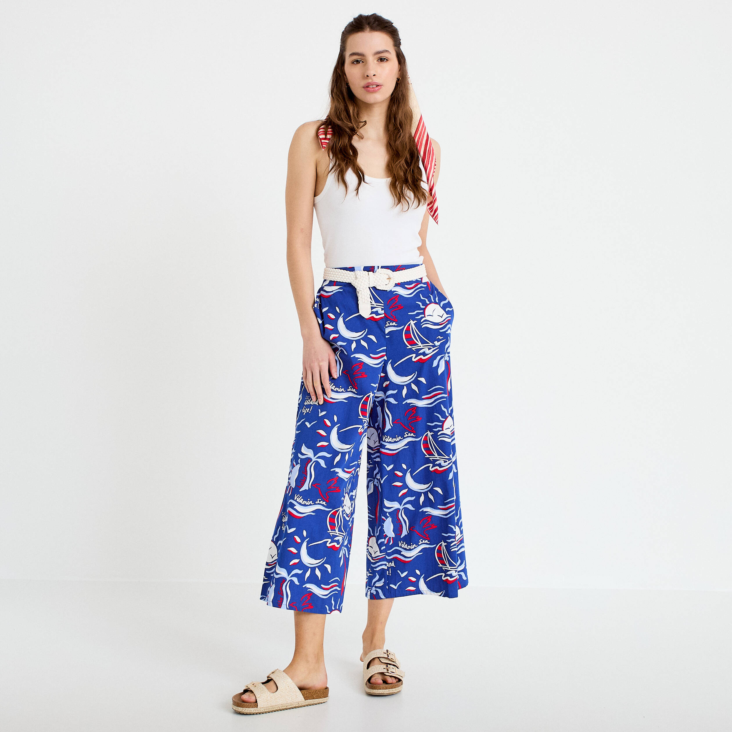 Pantalon large 3/4 taille standard bleu marine femme