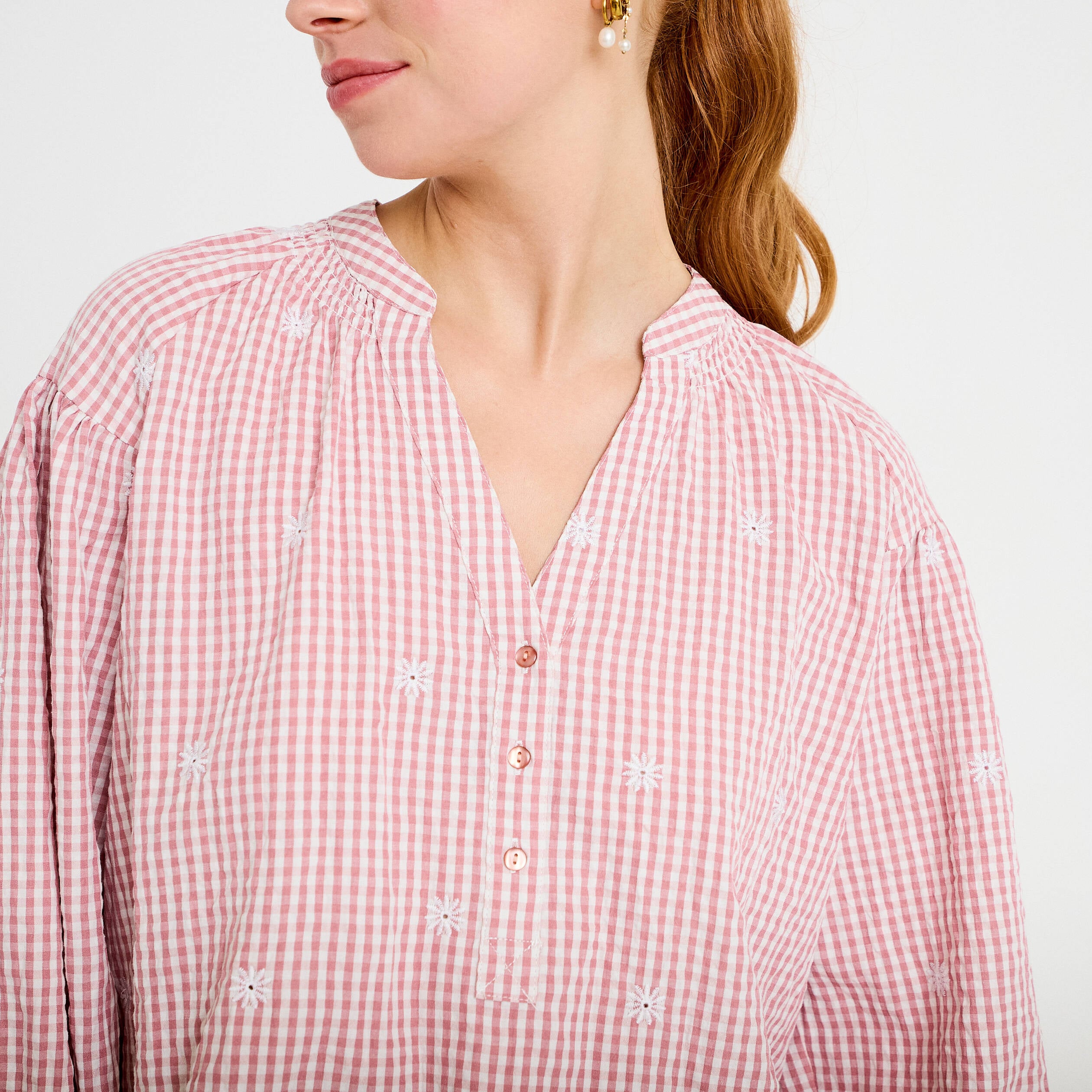 Blouse vichy brod&eacute;e rose femme