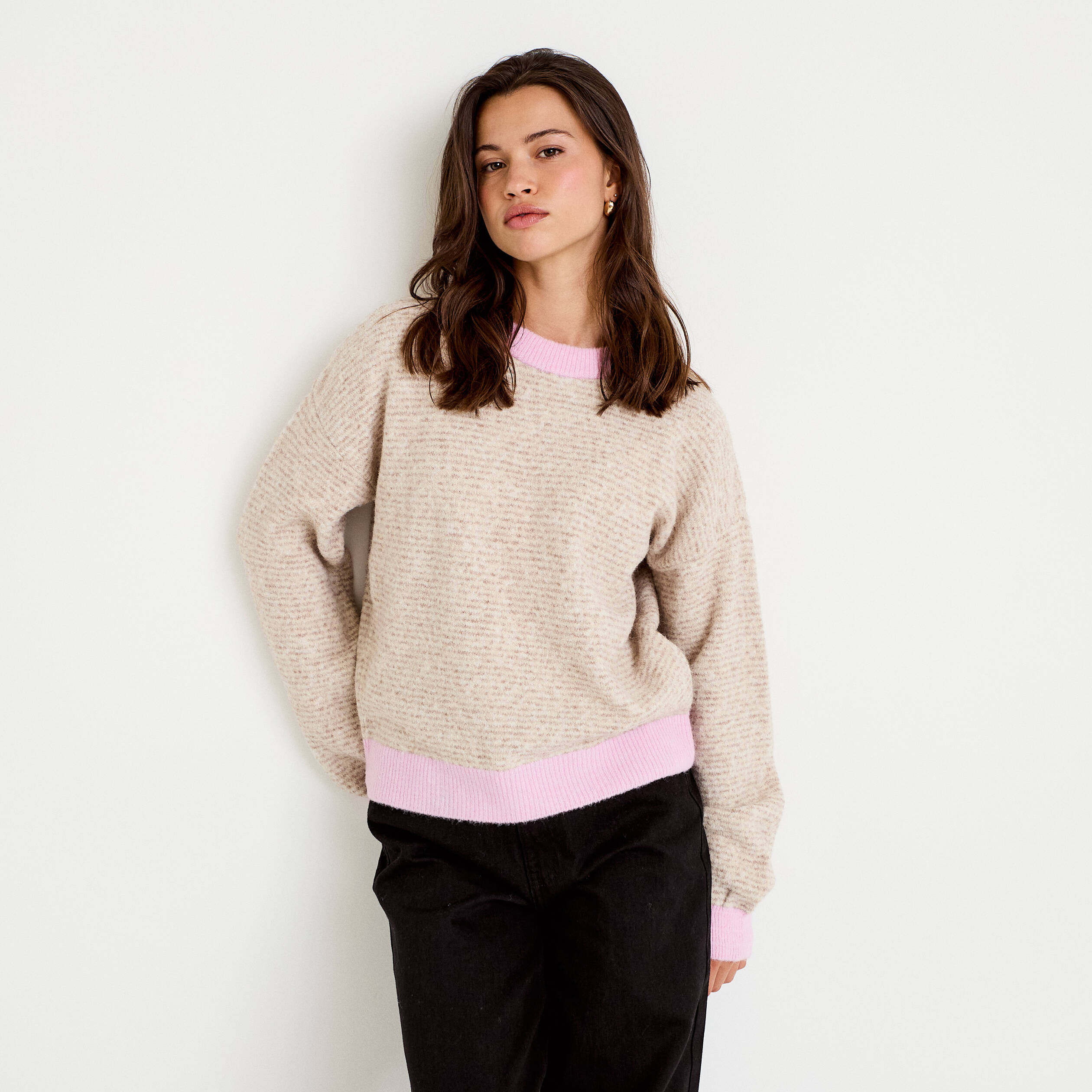 Pull ample col rond manches longues marron femme