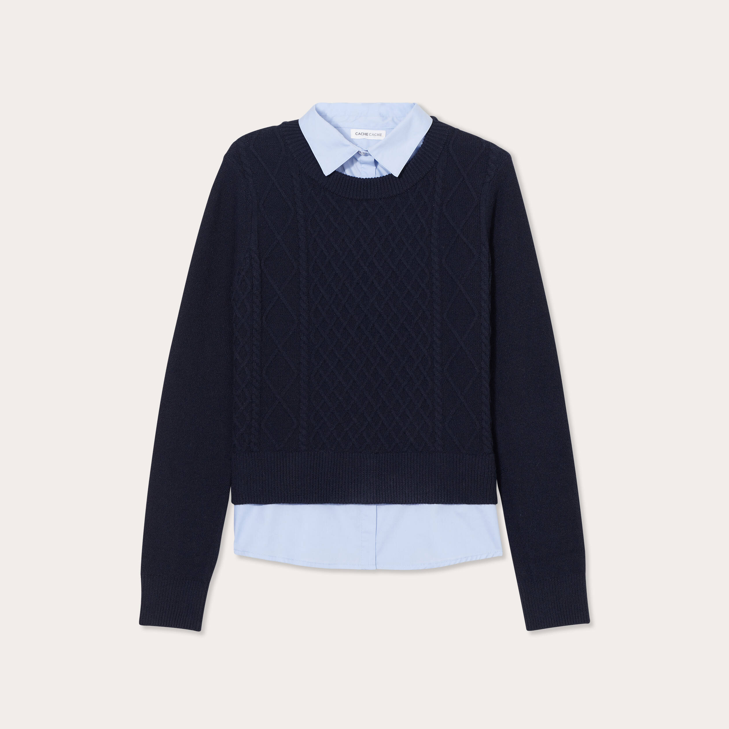 Pull chemise 2-en-1 bleu marine femme