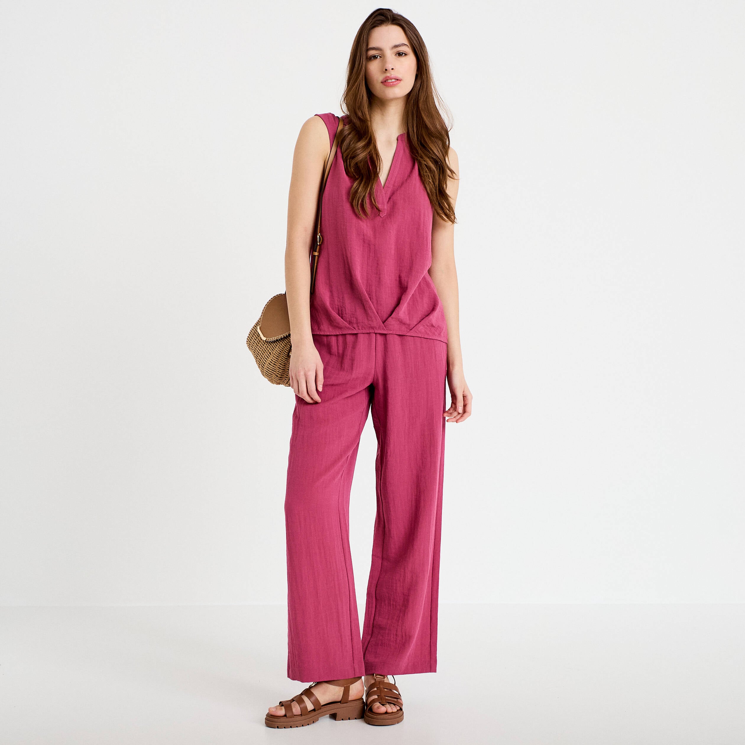 Pantalon large taille haute en cr&ecirc;pe prune femme