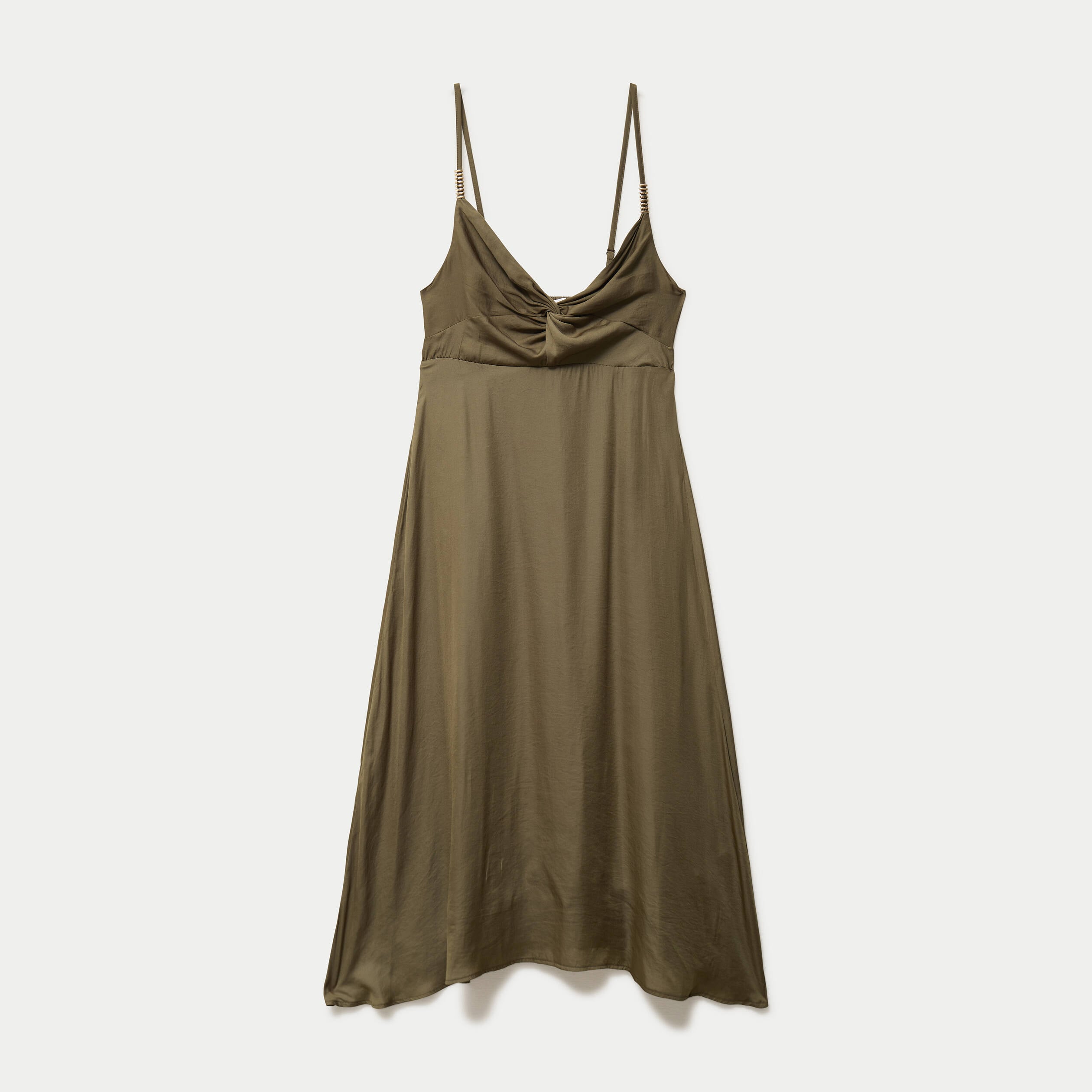 Robe longue &eacute;vas&eacute;e col v satin&eacute;e vert kaki femme