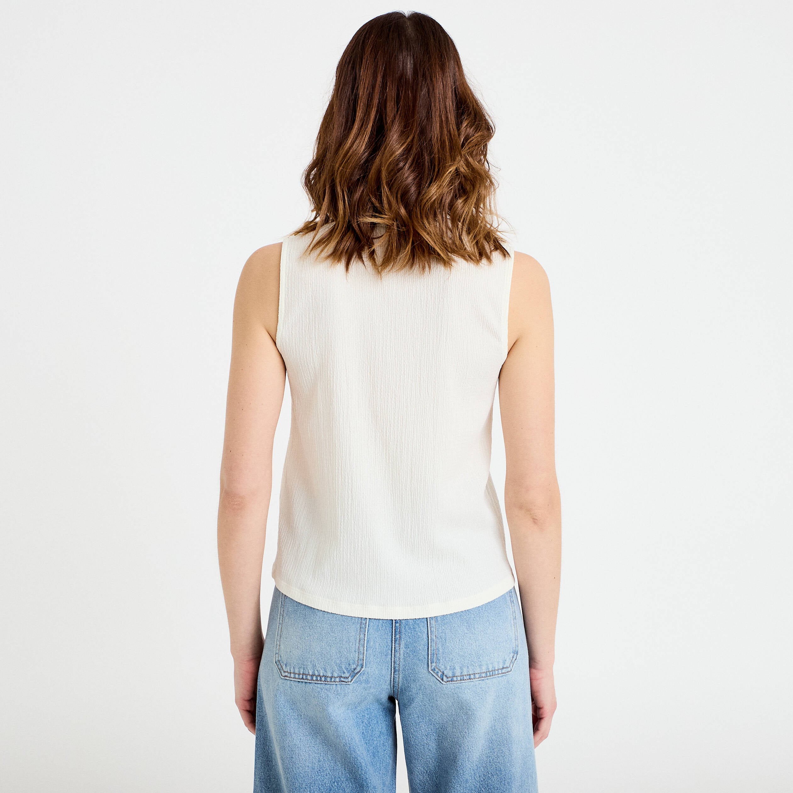 Blouse sans manches col v ecru femme