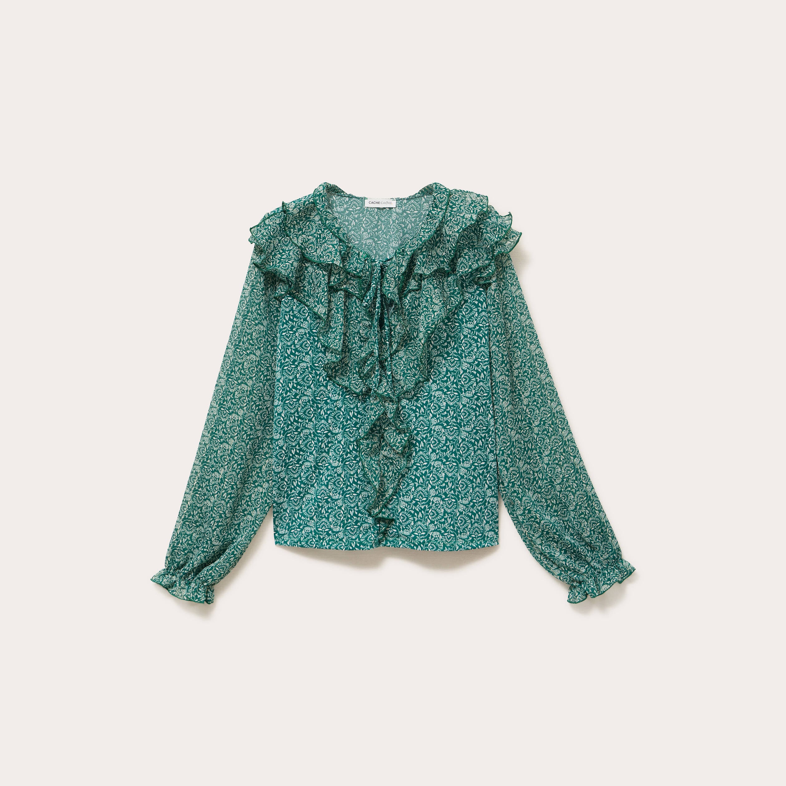 Blouse &agrave; volants vert fonc&eacute; femme