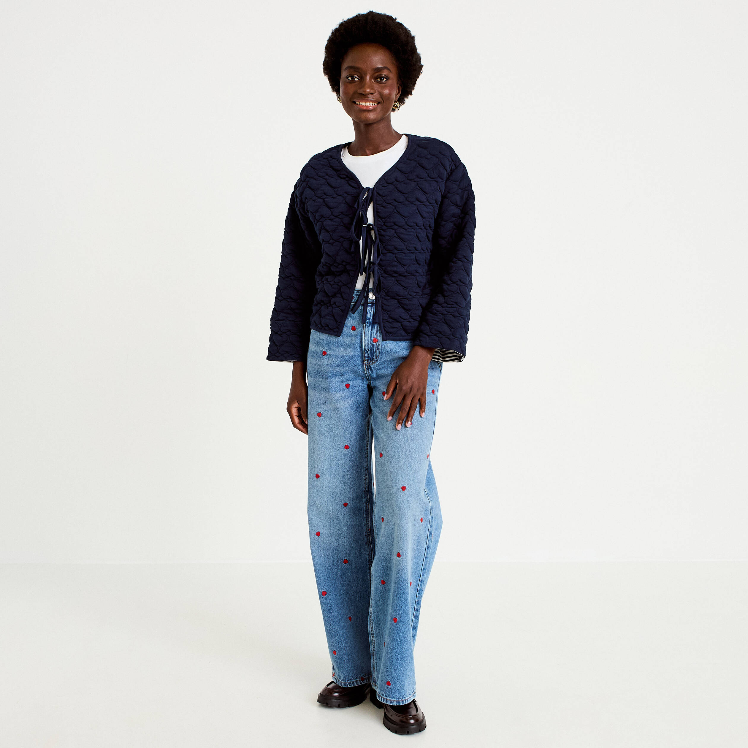 Gilet droit col v manches longues bleu marine femme