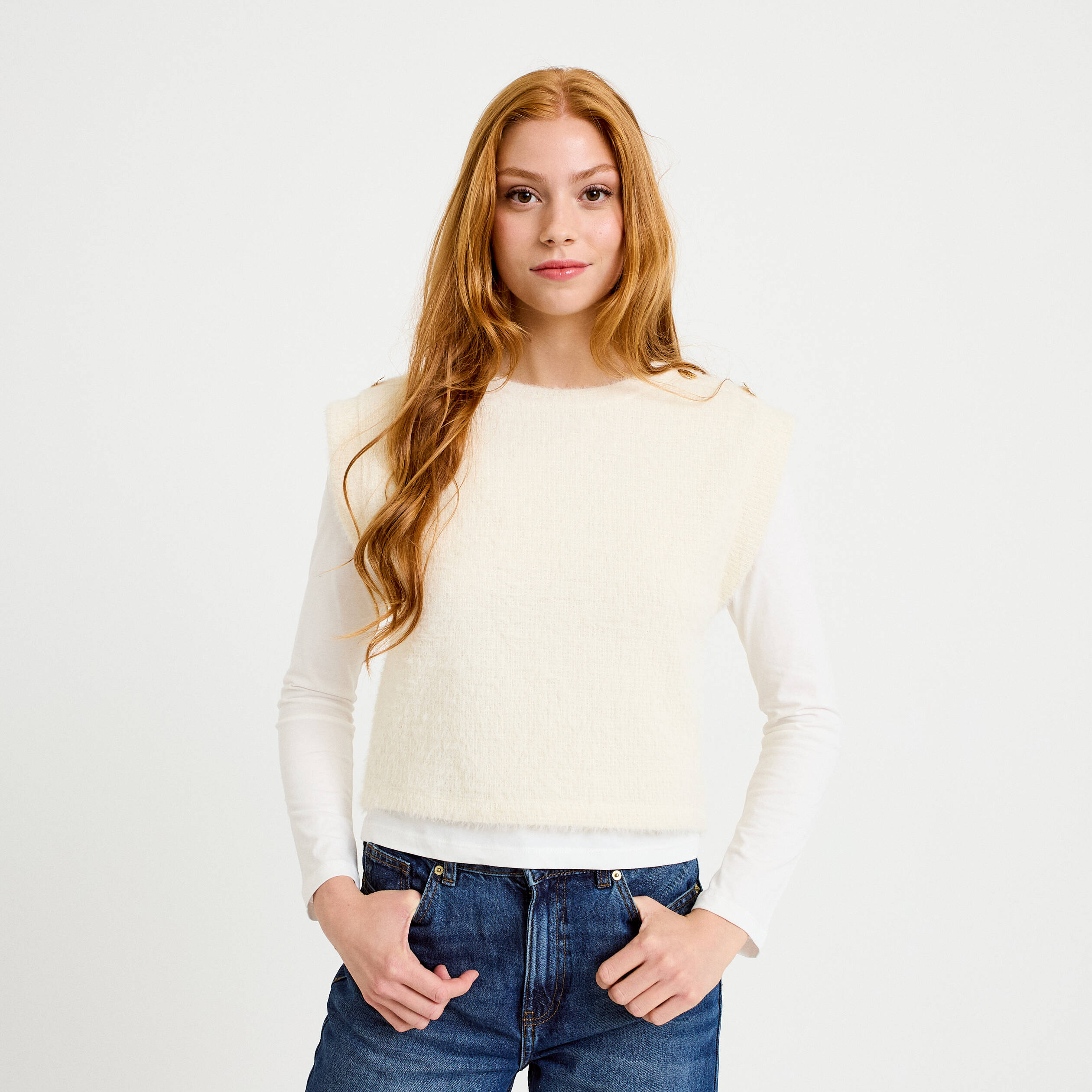 Pull 2-en-1 manches longues col rond ecru femme
